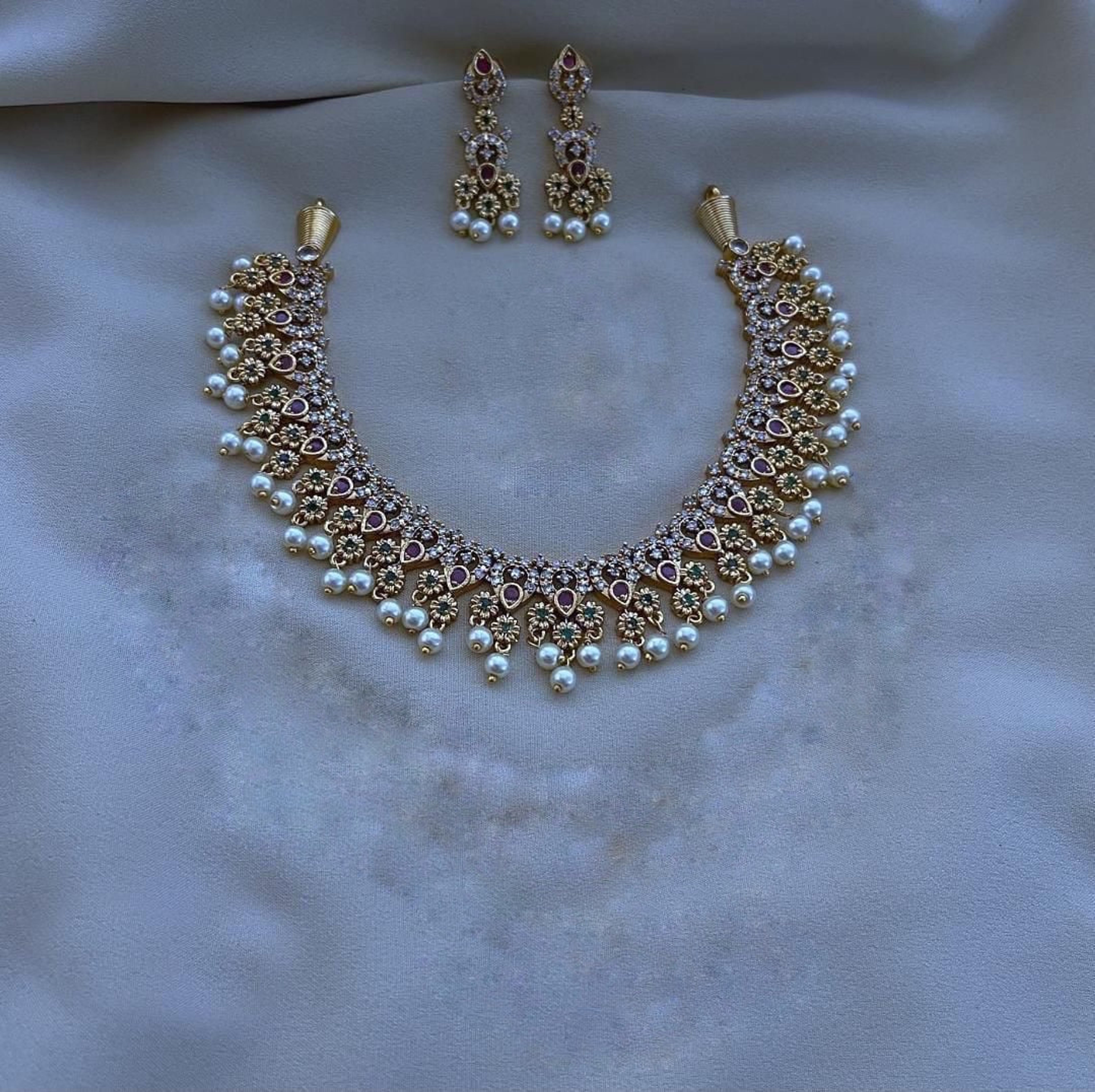 Floral AD Stone Pearl Drop Choker Set