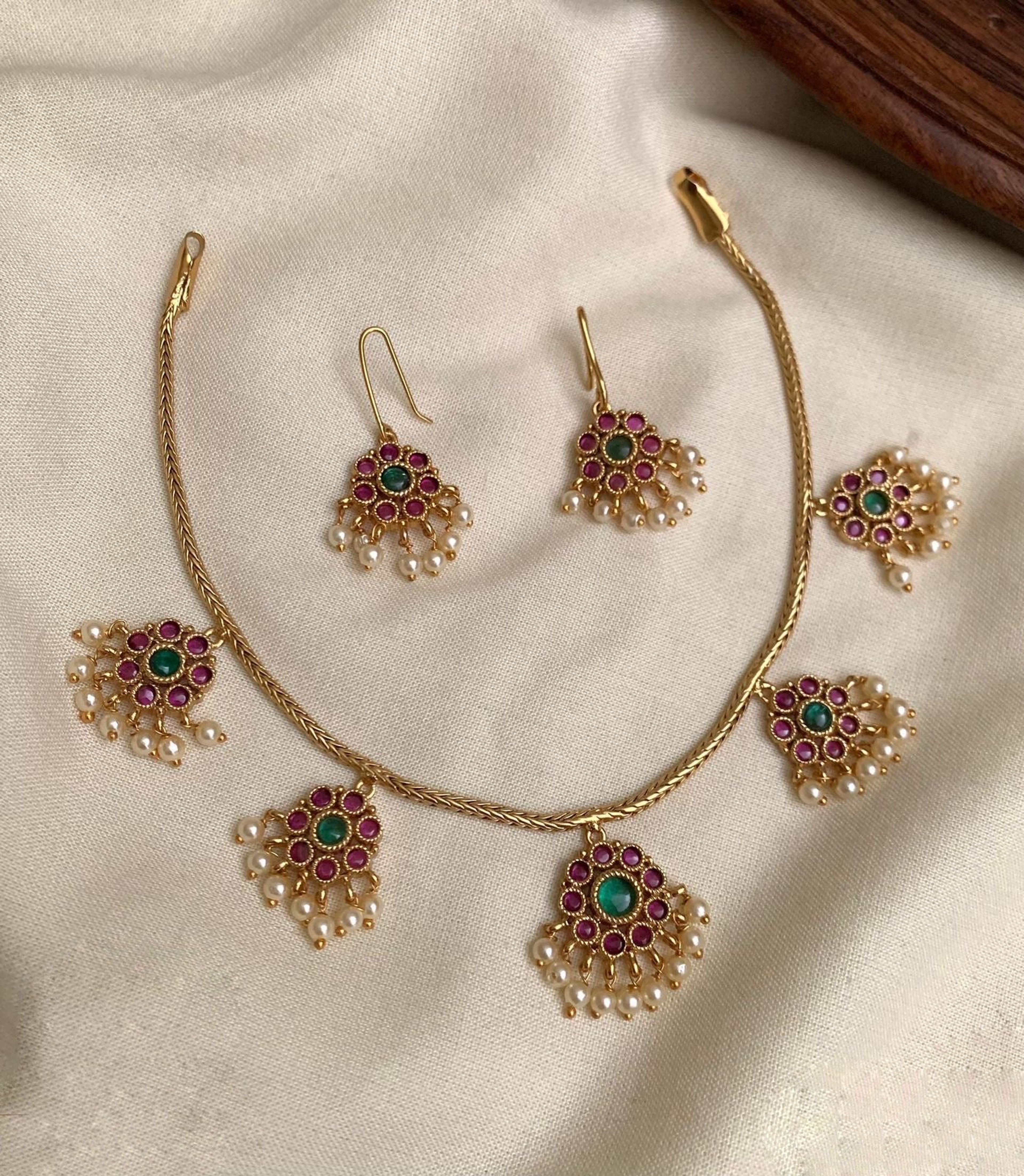 Pink Green Floral Kemp Choker Set