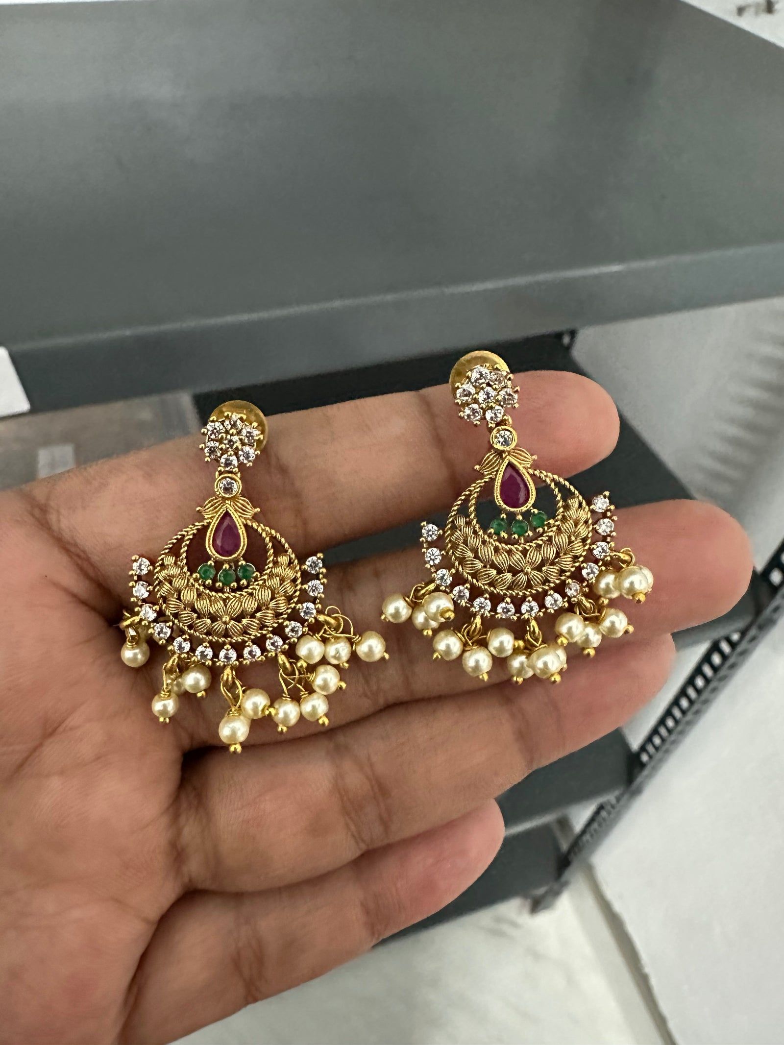 Antique Chandbali Earrings with Pearl Drops