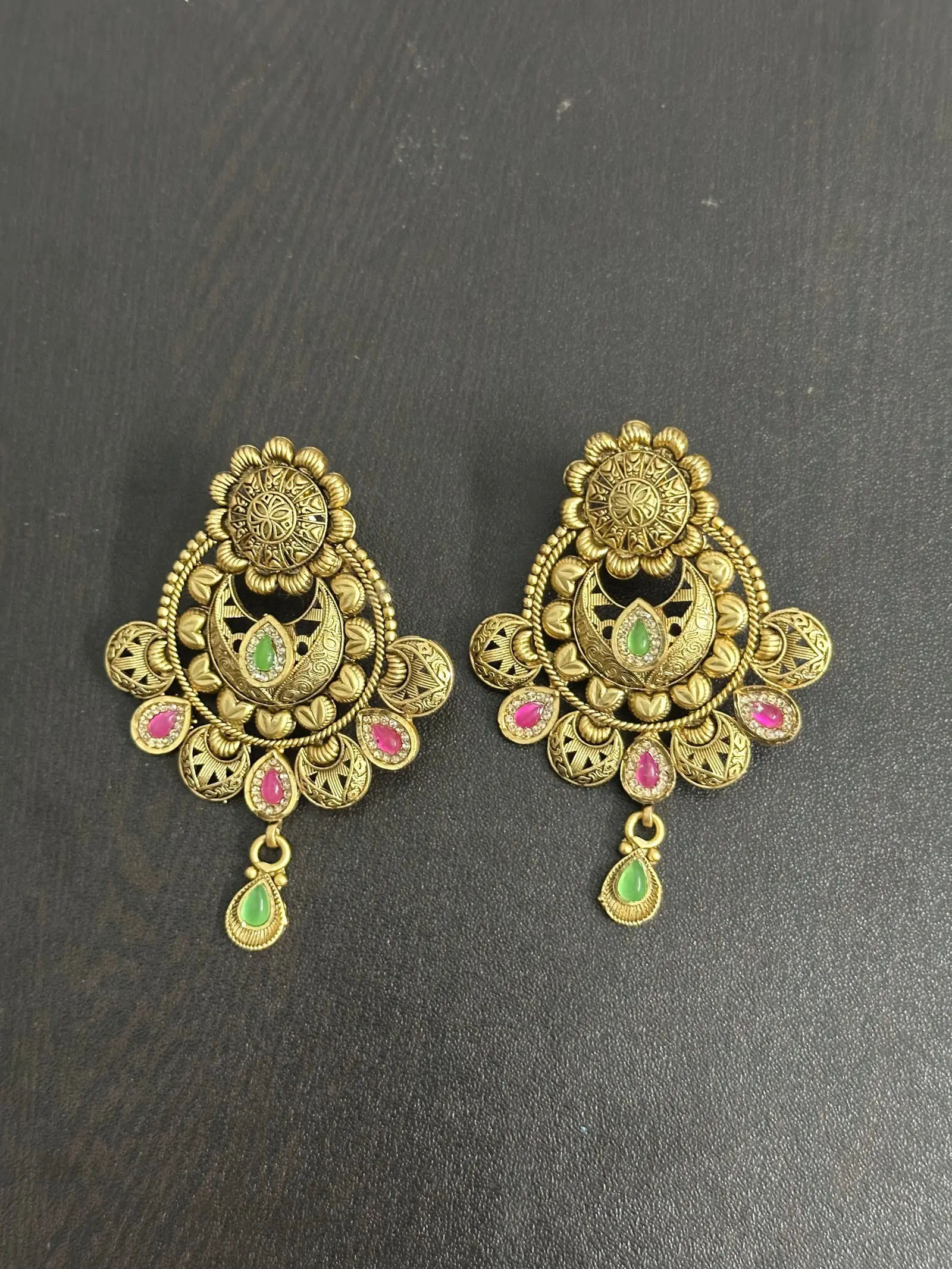 Antique Floral Drop Earrings with Pink and Green Stones