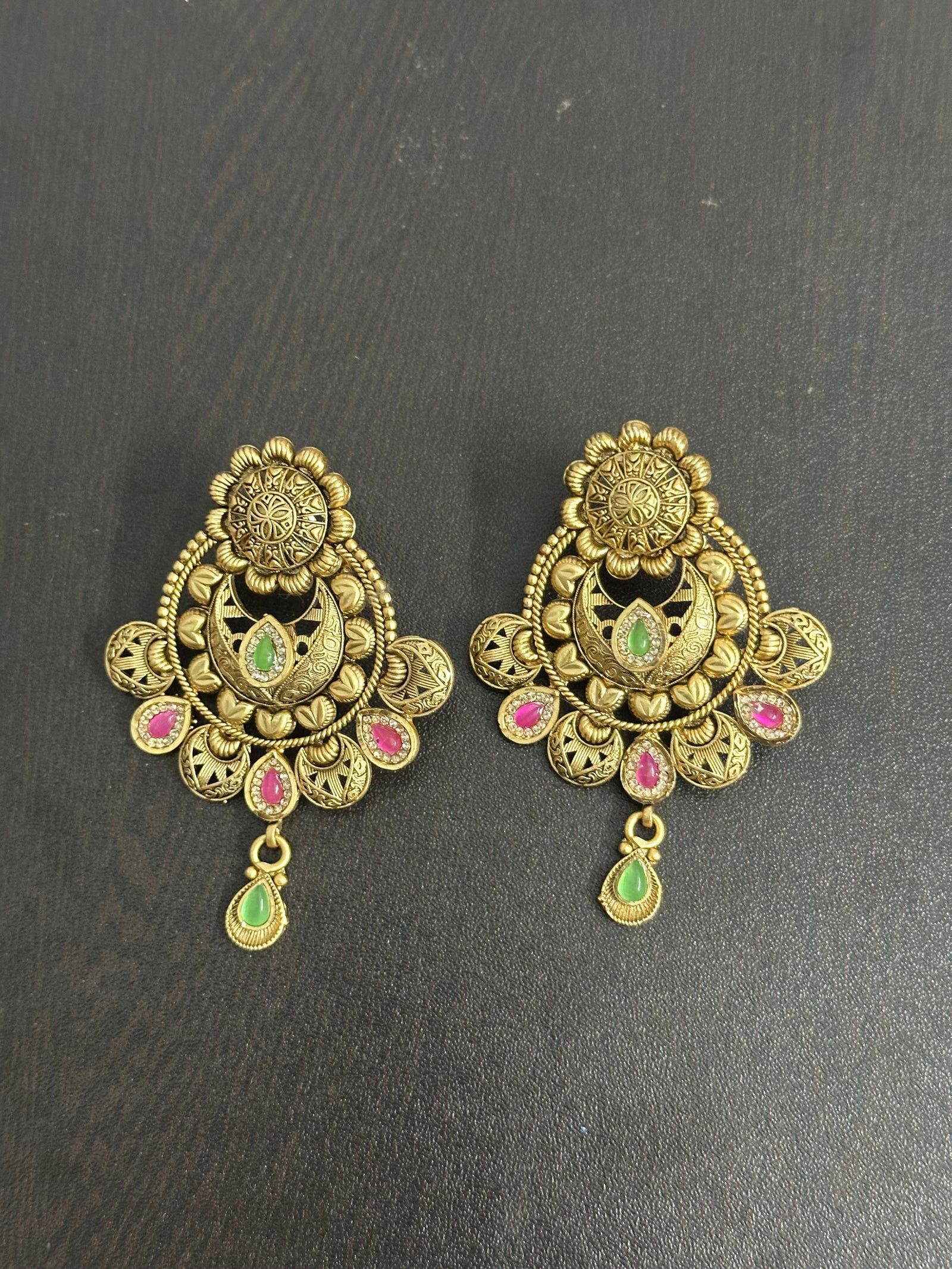 Antique Floral Drop Earrings with Pink and Green Stones