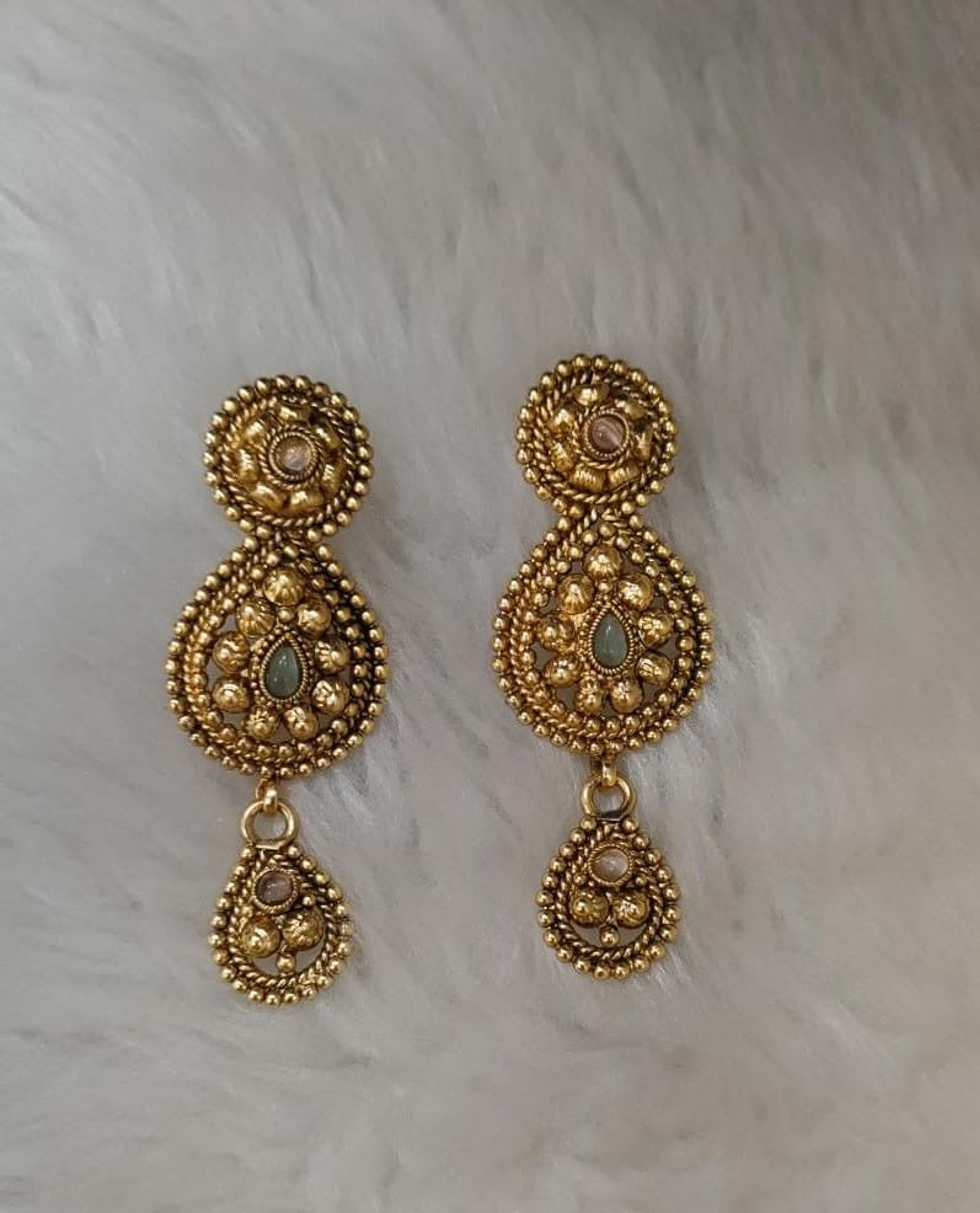 Antique Green Stone Teardrop Earrings