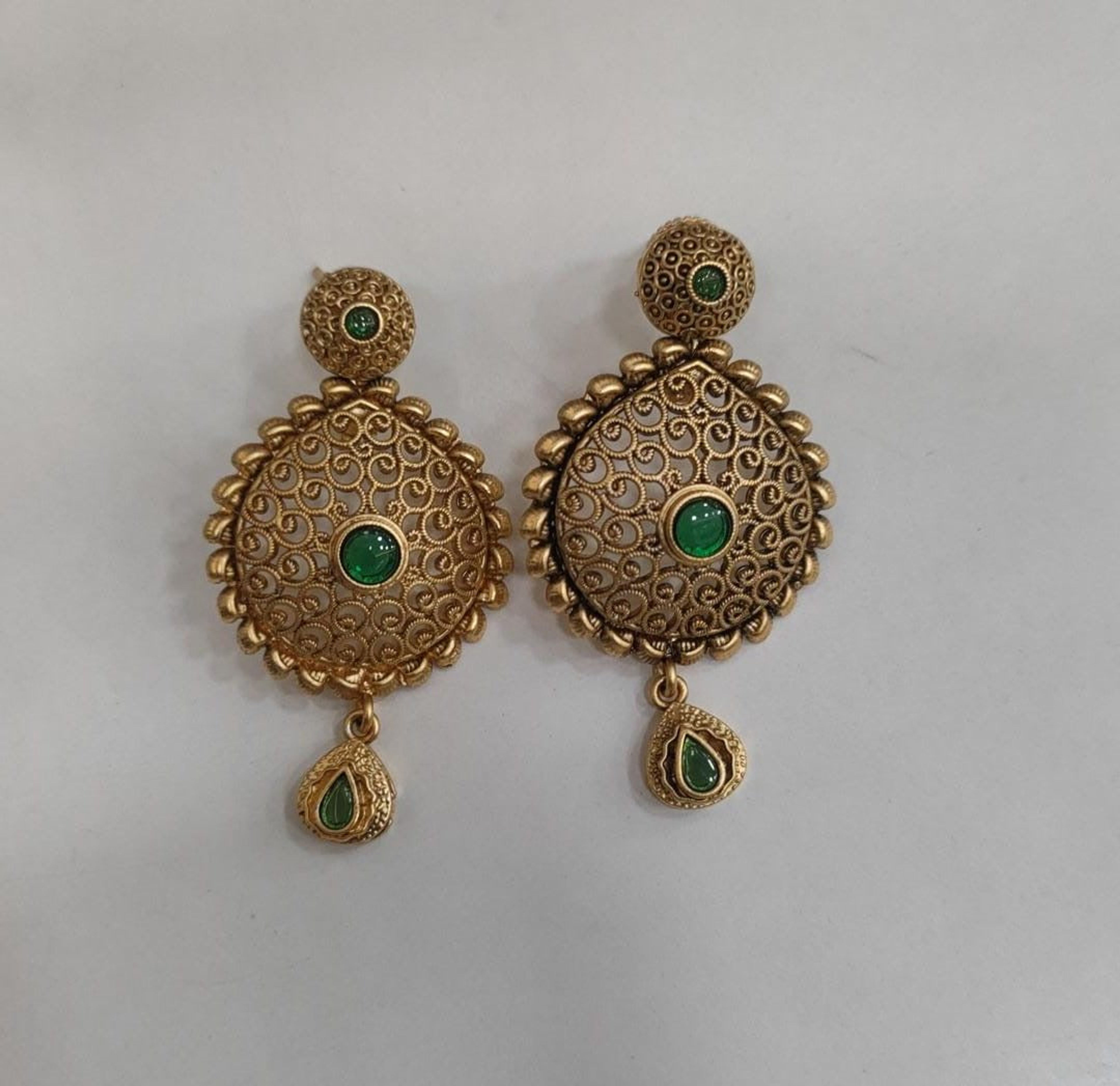 Antique Round Filigree Green Stone Earrings