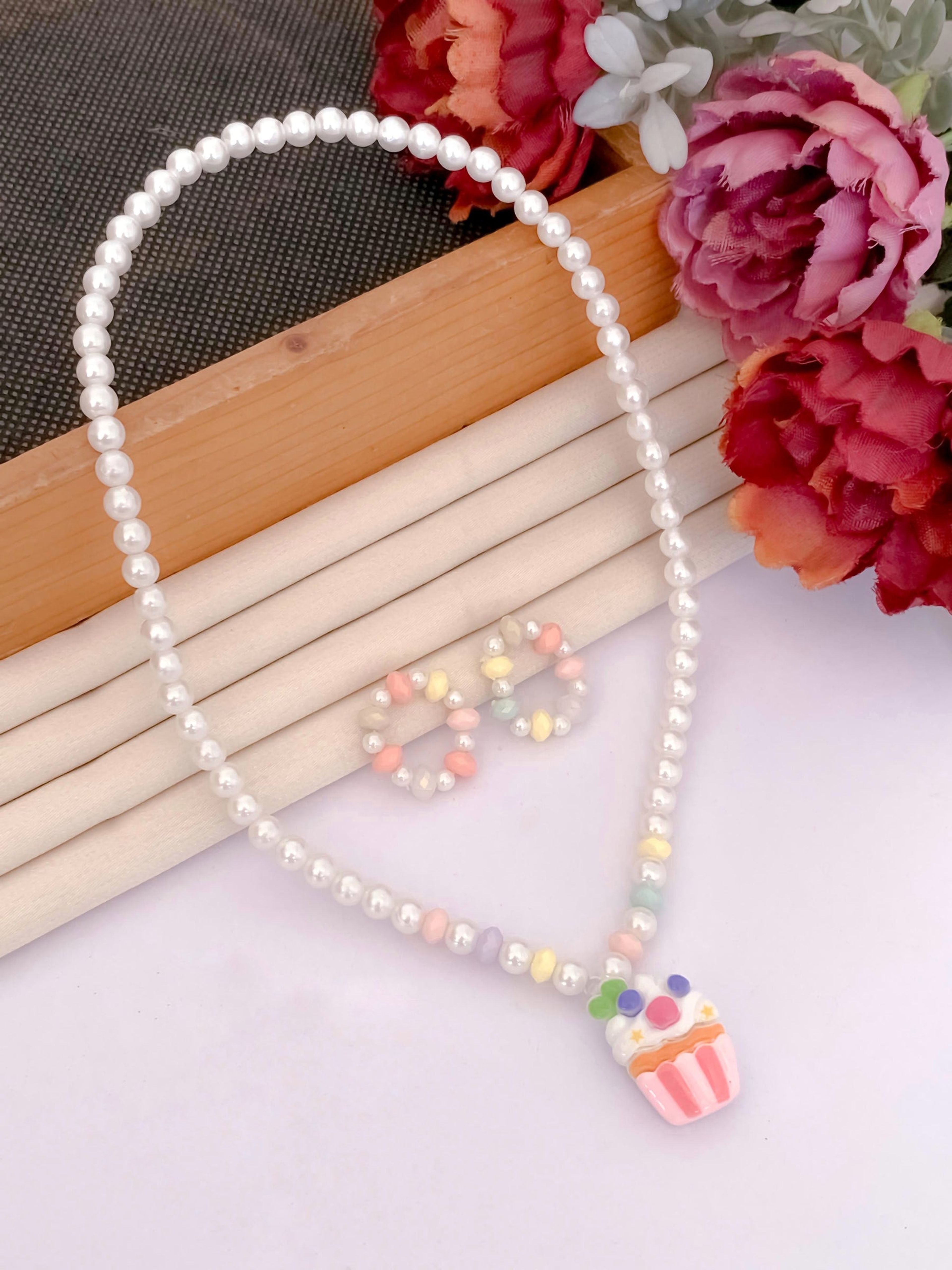 Kids' Cupcake Motif Pearl Necklace with Earrings