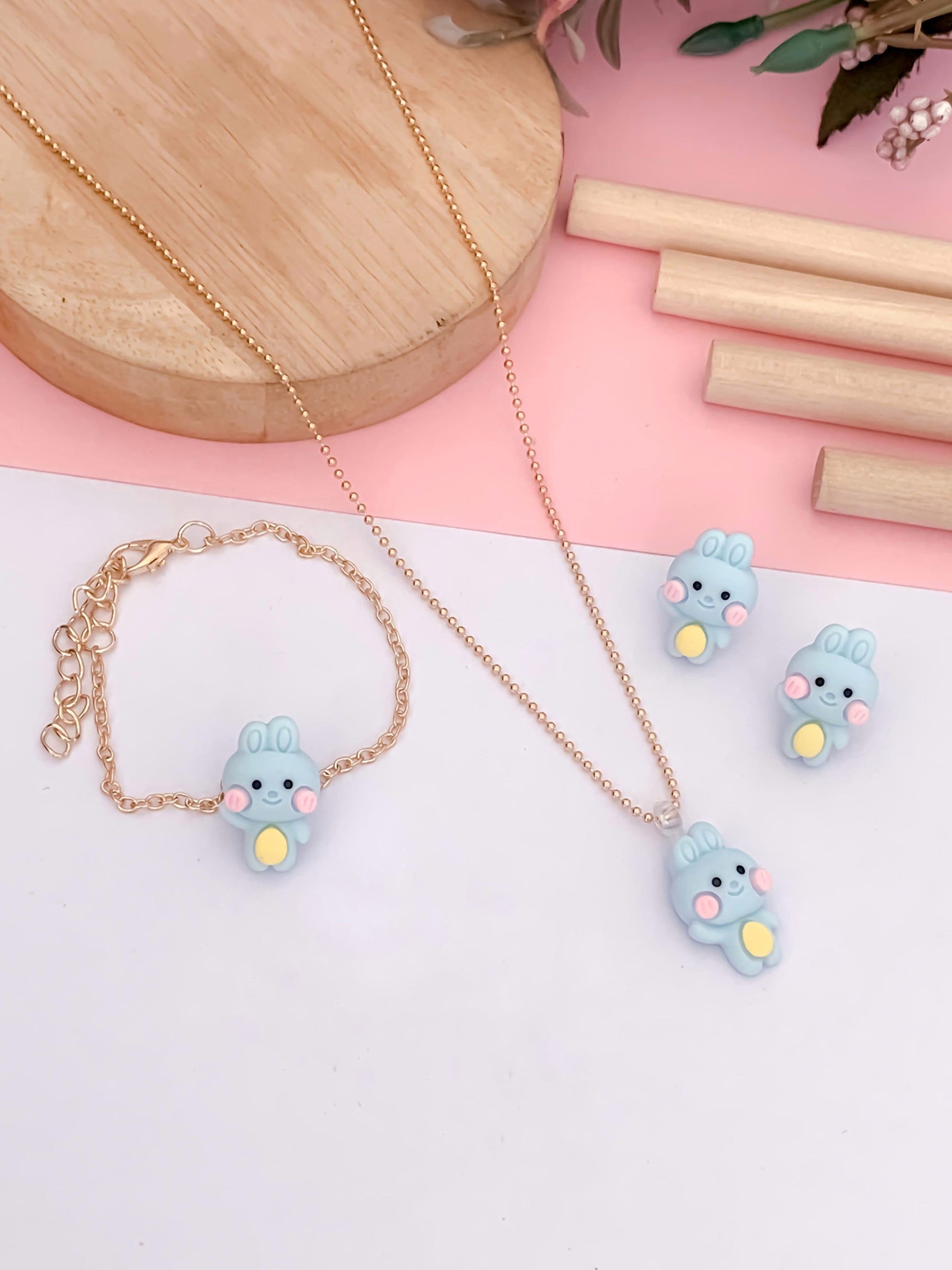 Kids' Blue Bunny Gold-Tone Necklace Set