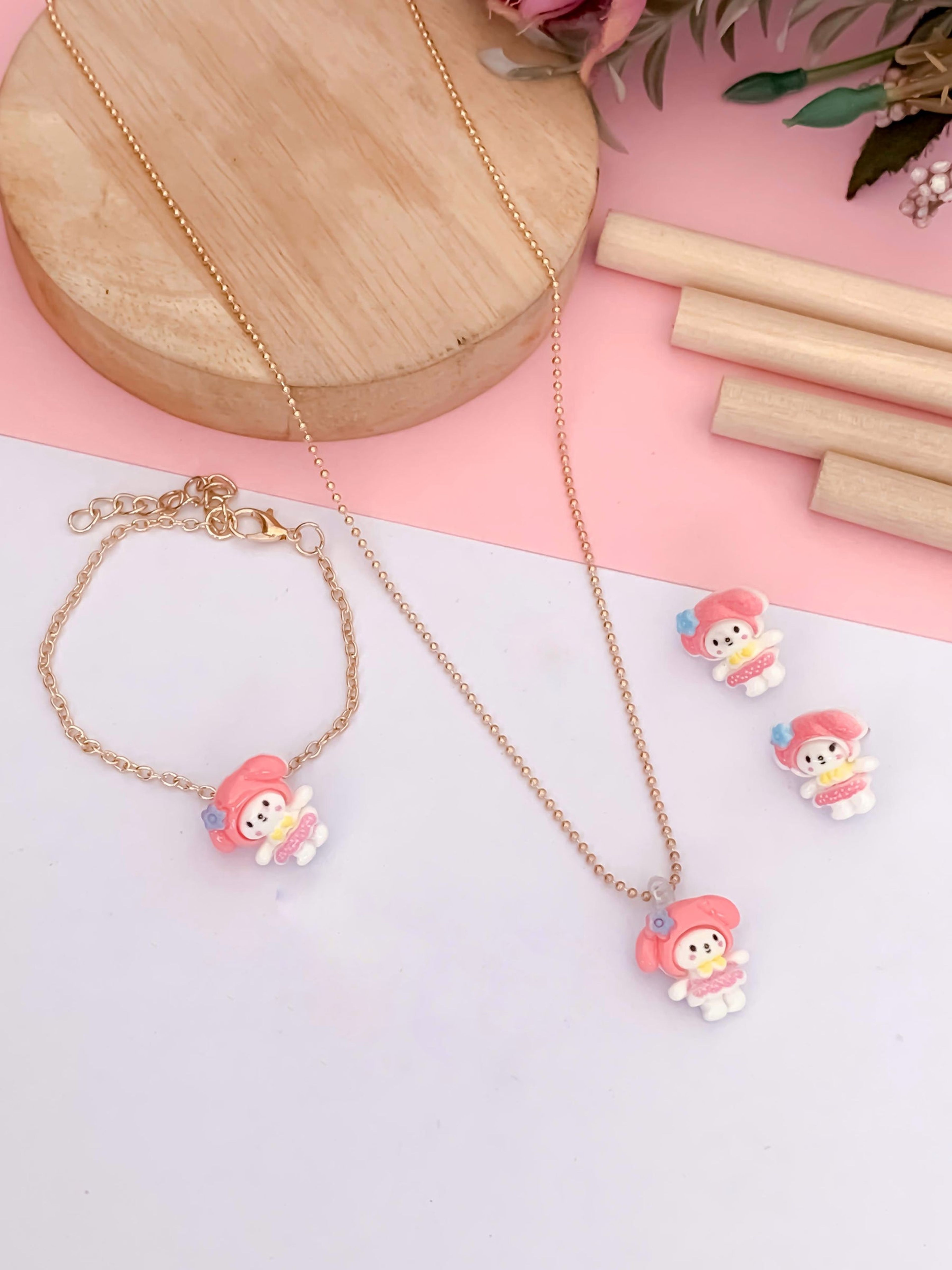 Kids' Pink Bunny Gold-Tone Necklace Set