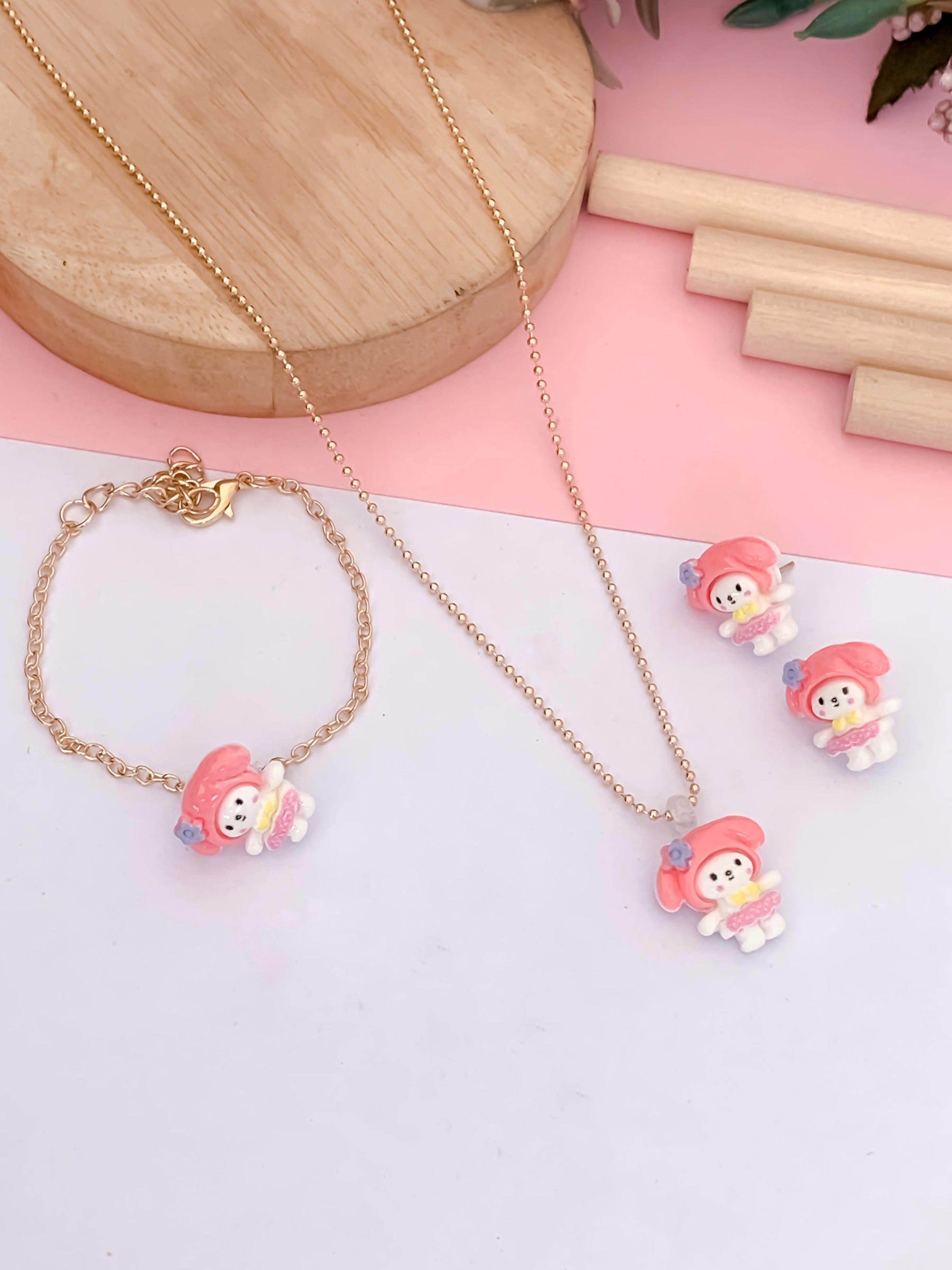 Kids' Pink Rabbit Gold-Tone Necklace Set