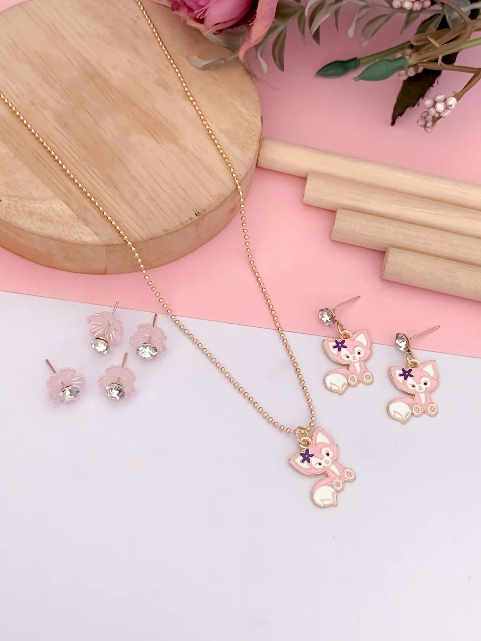 Kids' Pink Fox Necklace with Earrings