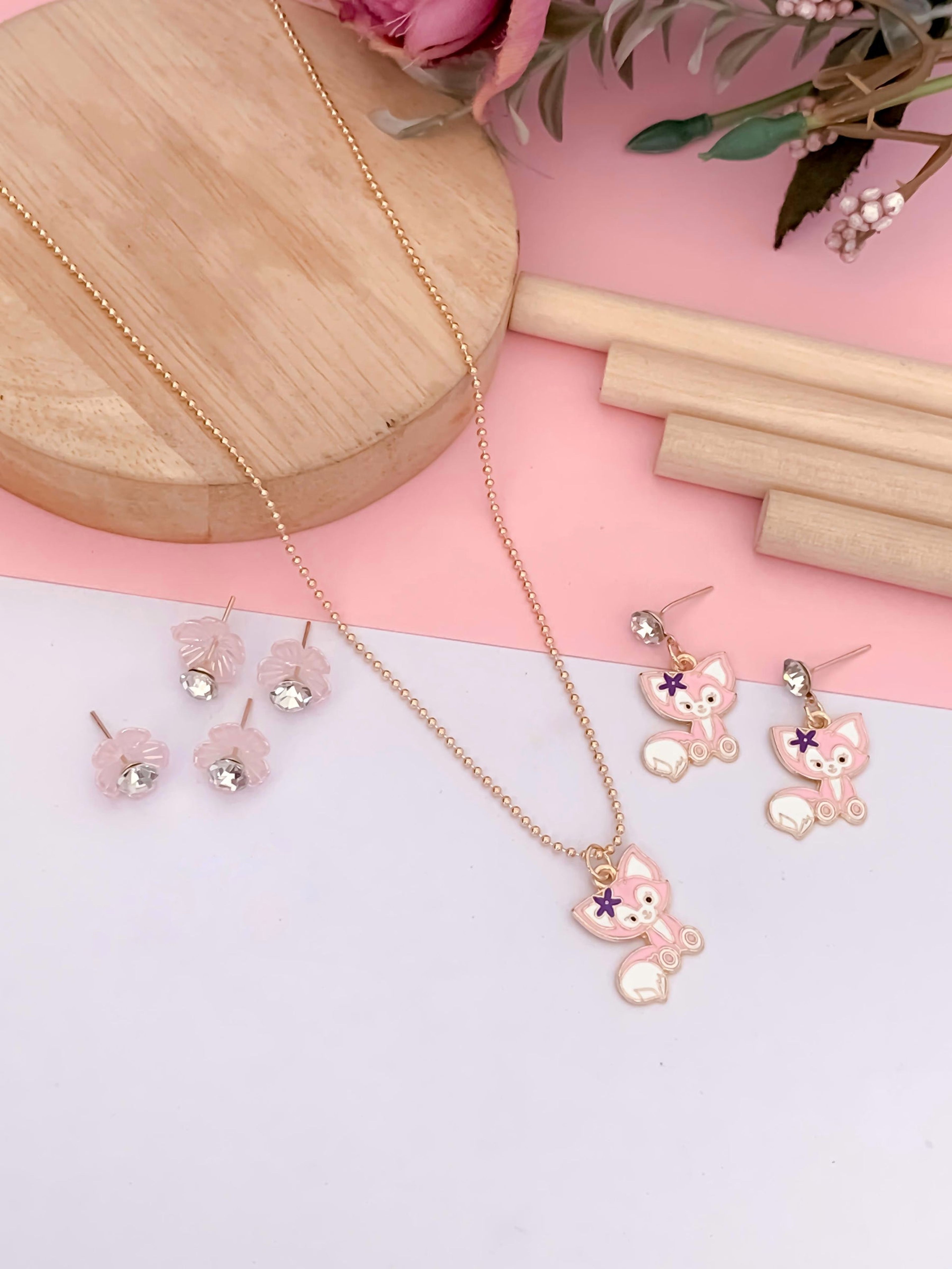 Kids' Pink Fox Necklace with Earrings