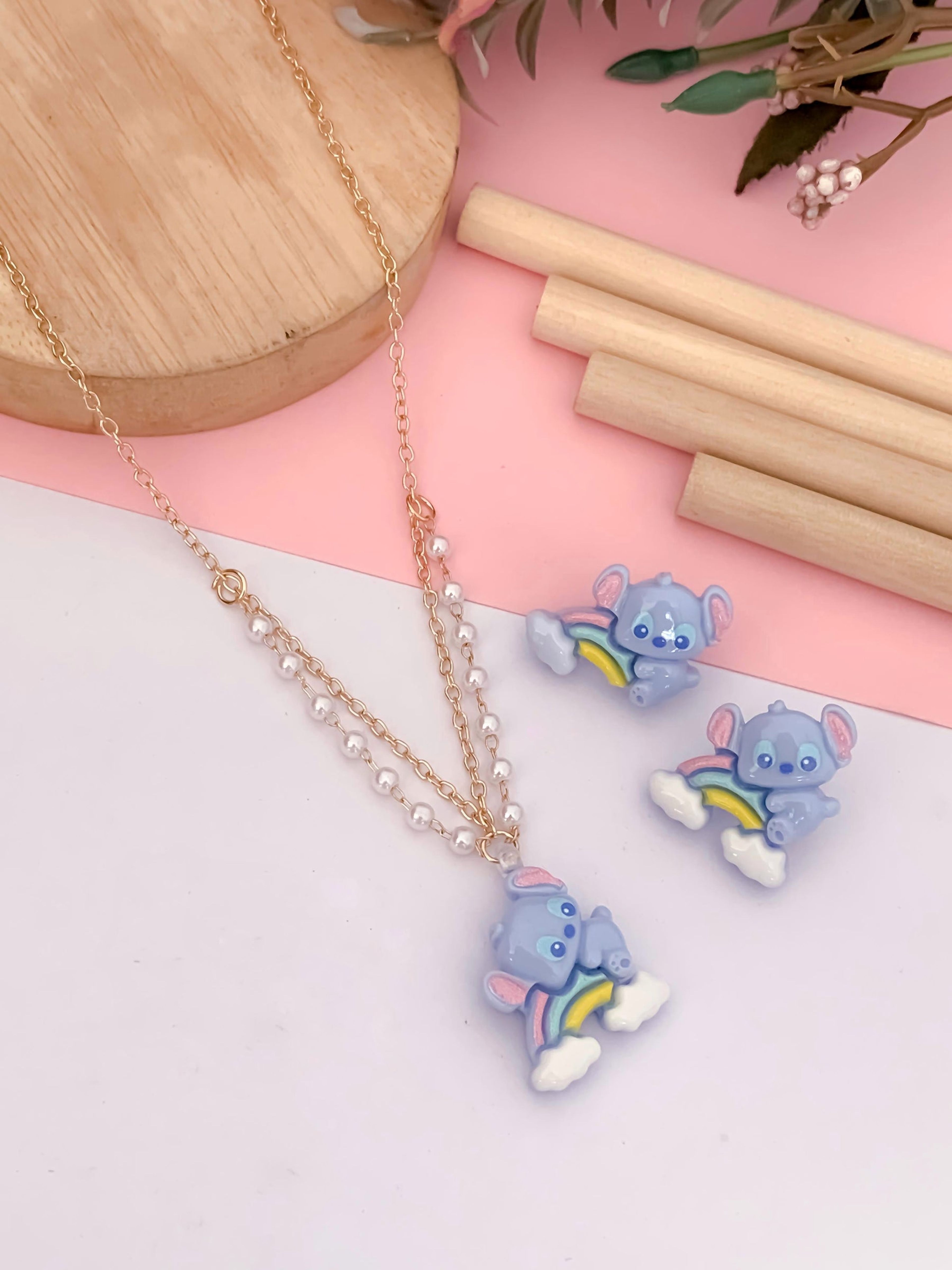 Kids' Cartoon Rainbow Pearl Necklace Set