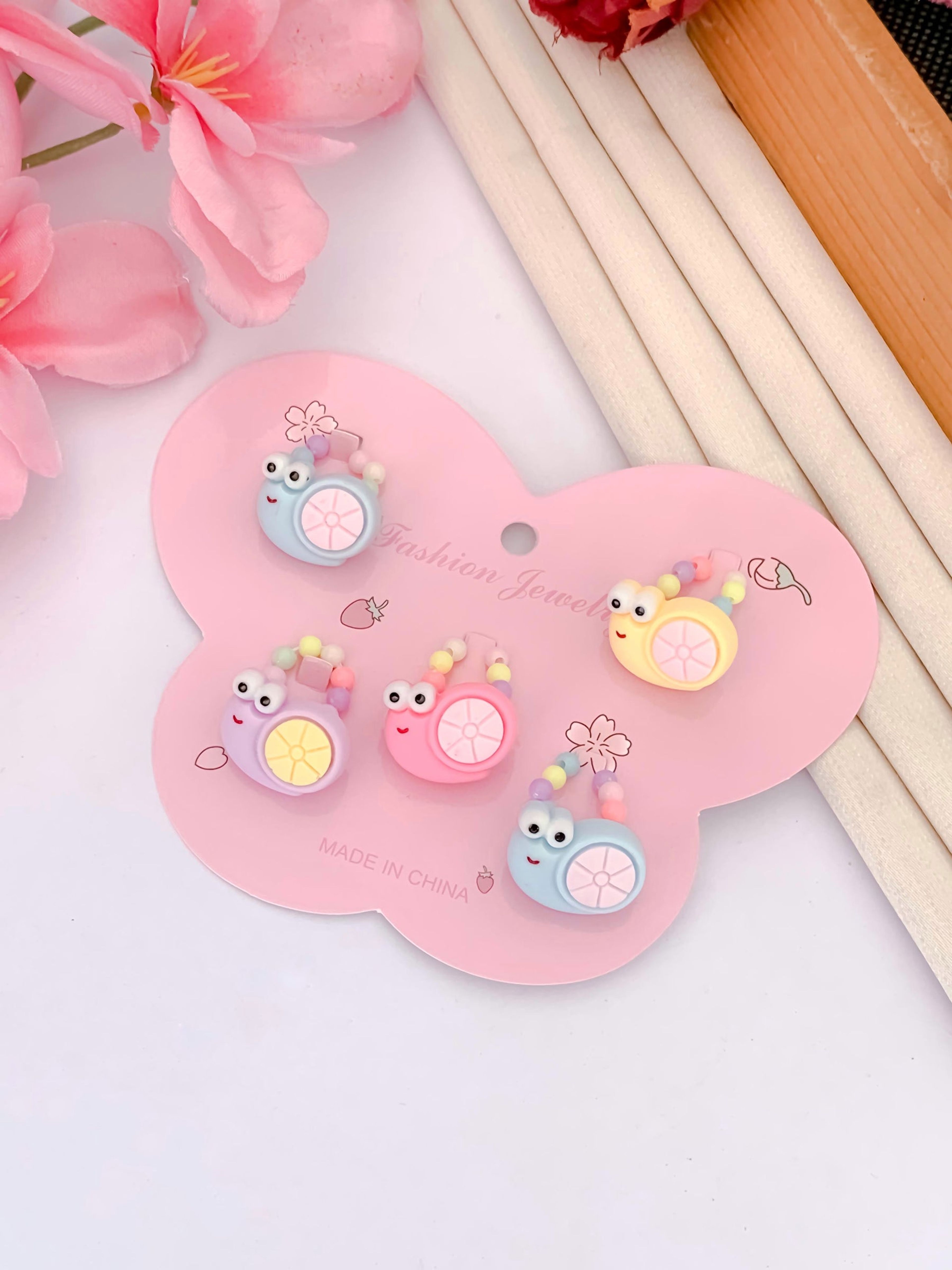 Kids' Pastel Snail Ring Set of 5