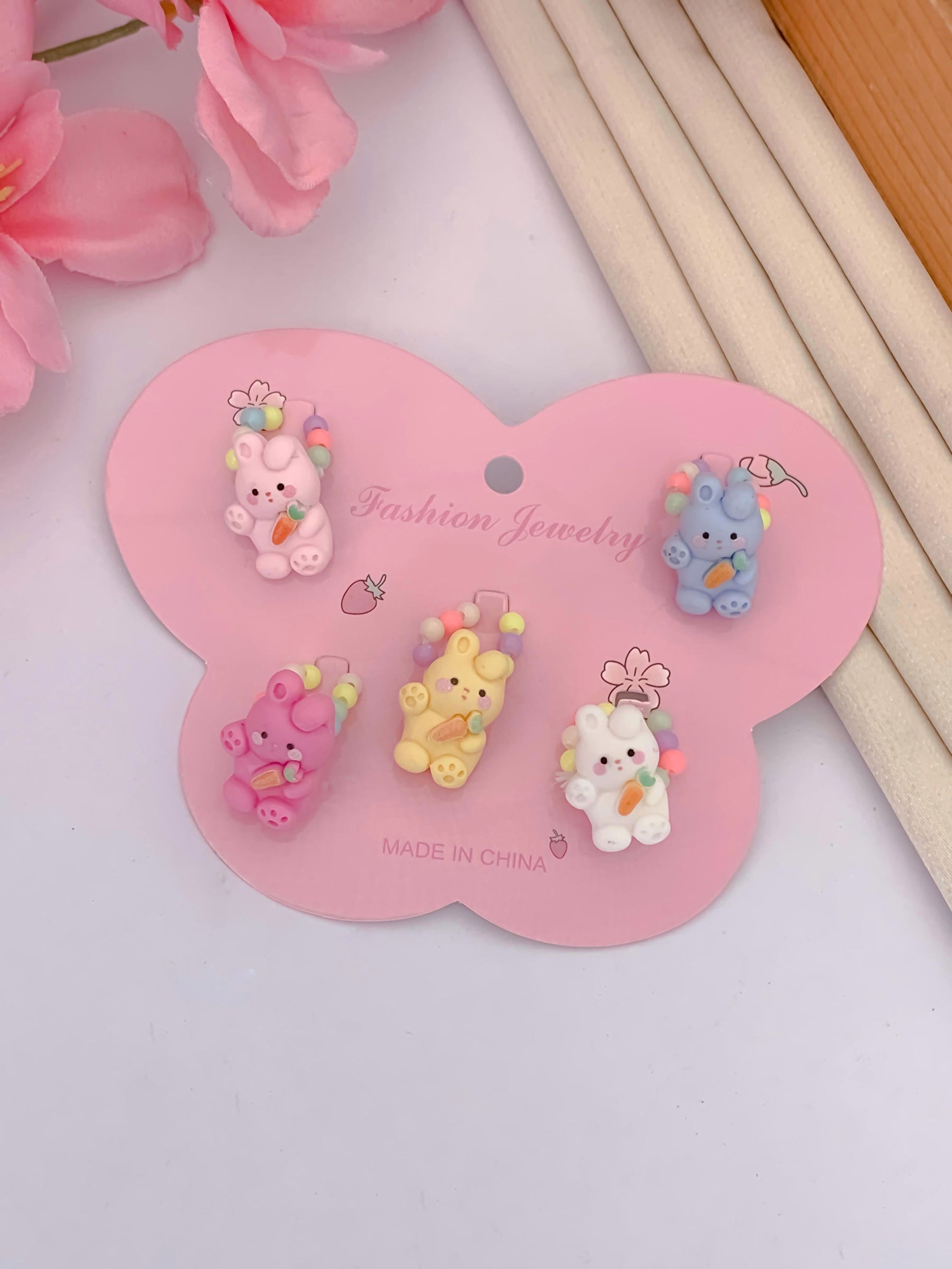 Kids' Pastel Bunny Beaded Ring Set of 5