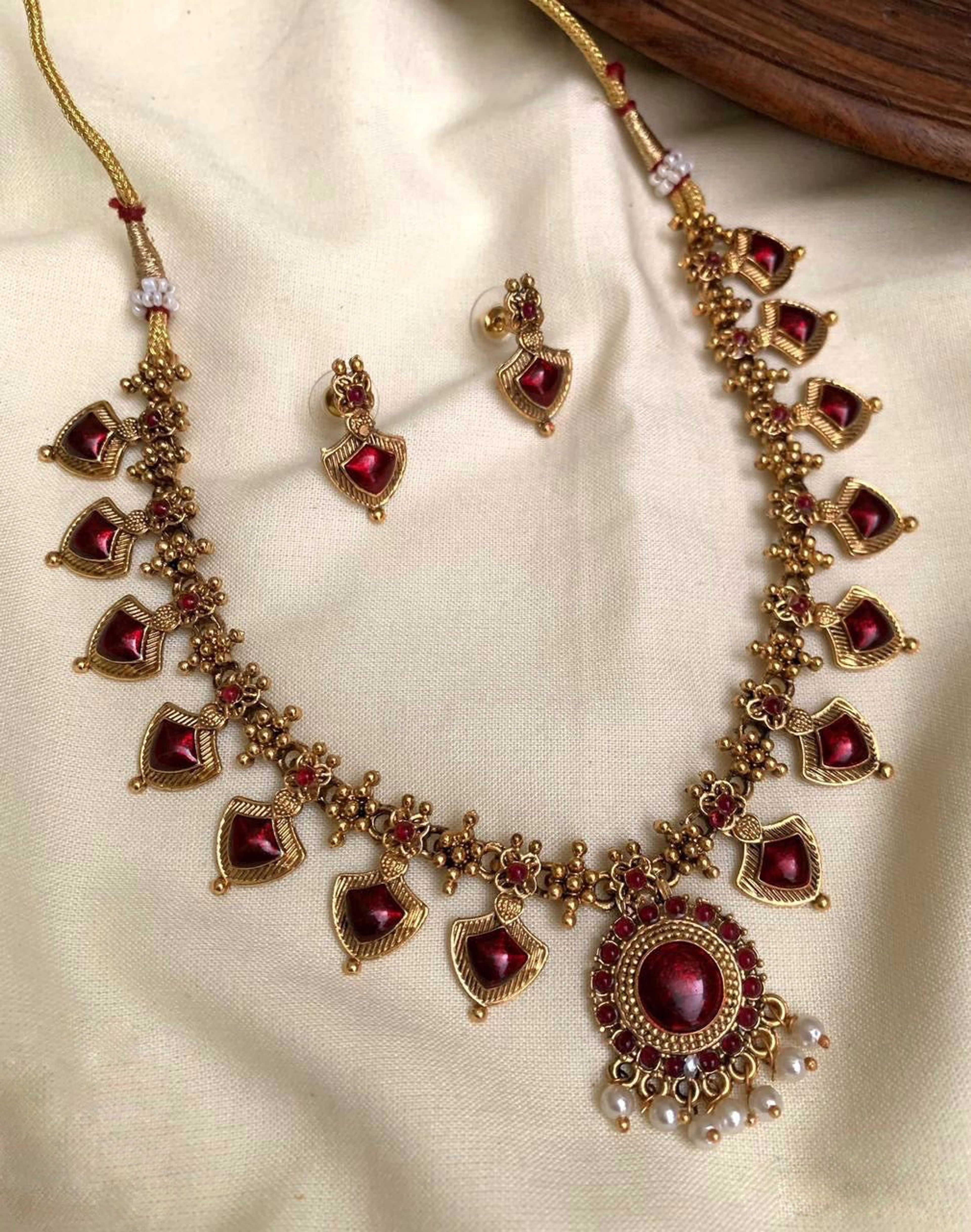 Antique Red Stone Pearl Drop Necklace