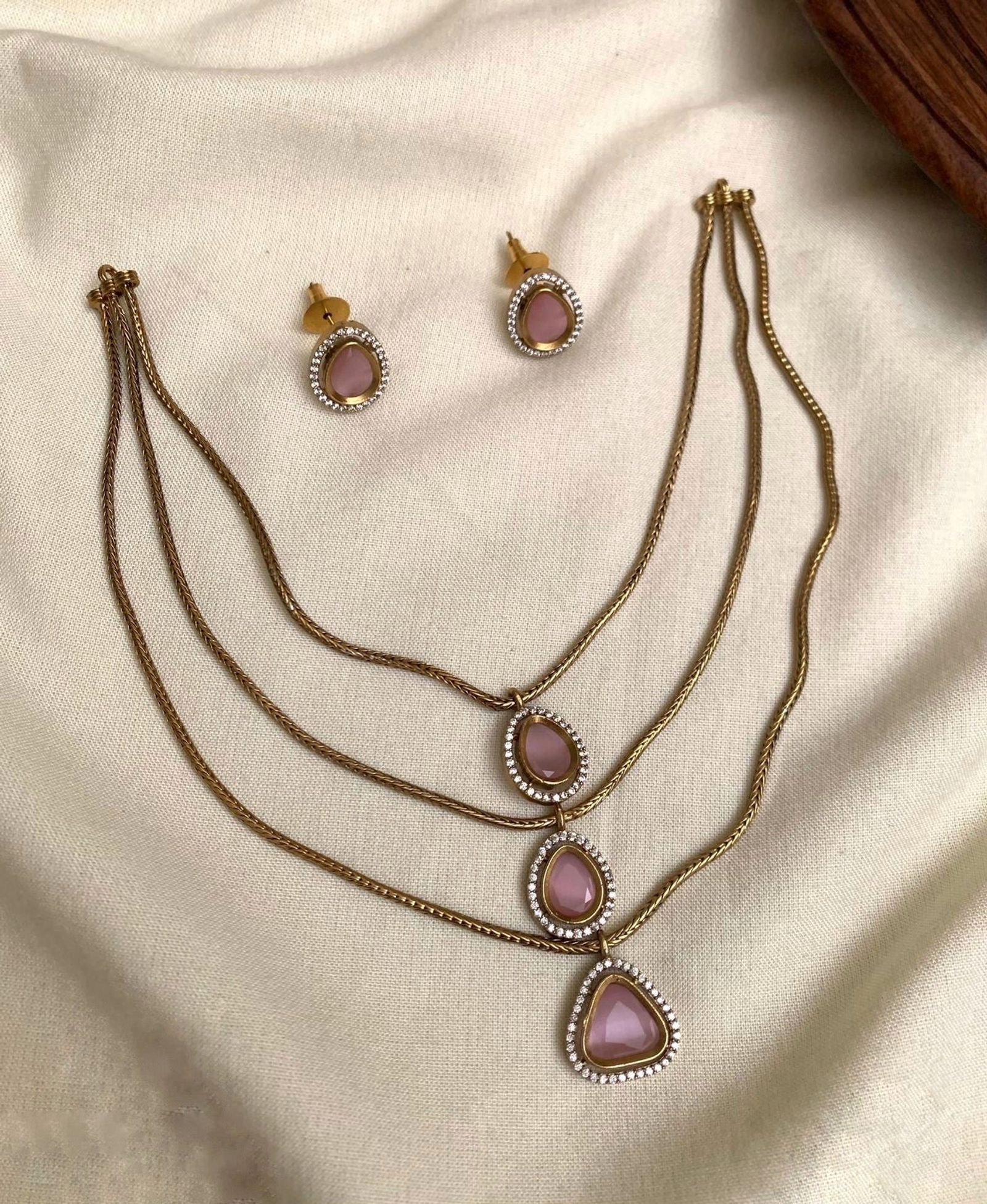 Pink AD Stone Teardrop Layered Necklace