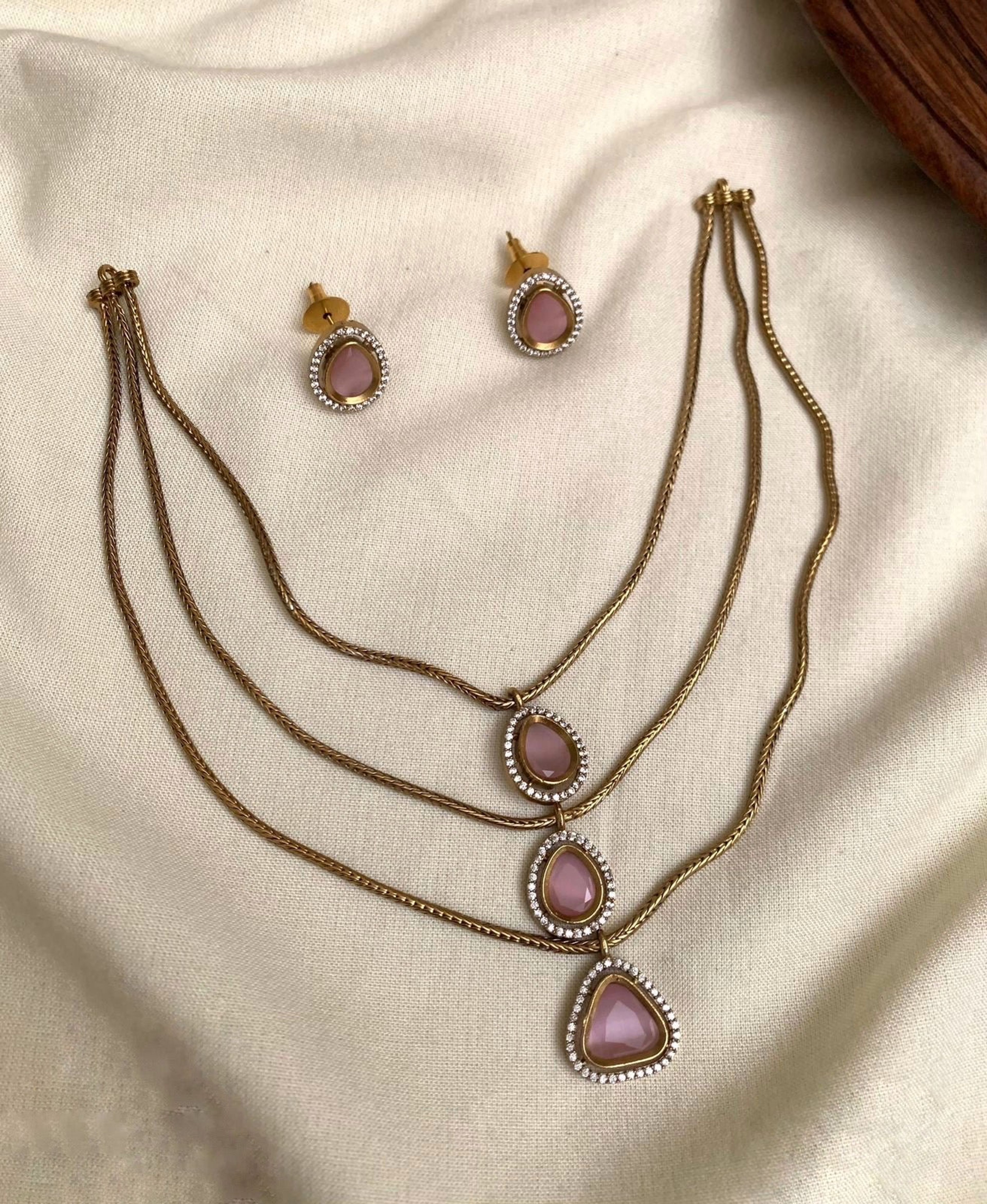 Pink AD Stone Teardrop Layered Necklace