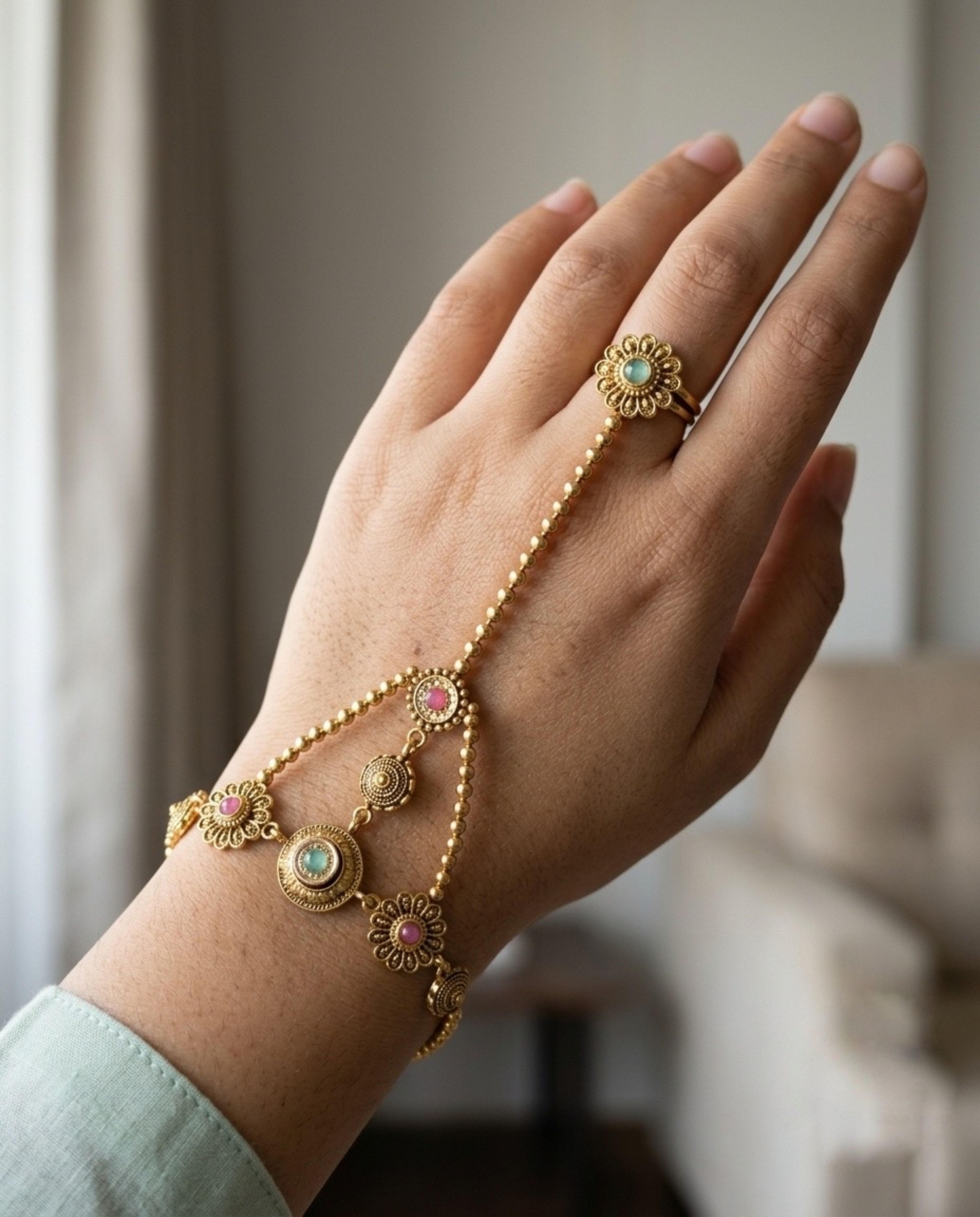 Floral Beaded Multicolour Stone Ring Bracelet