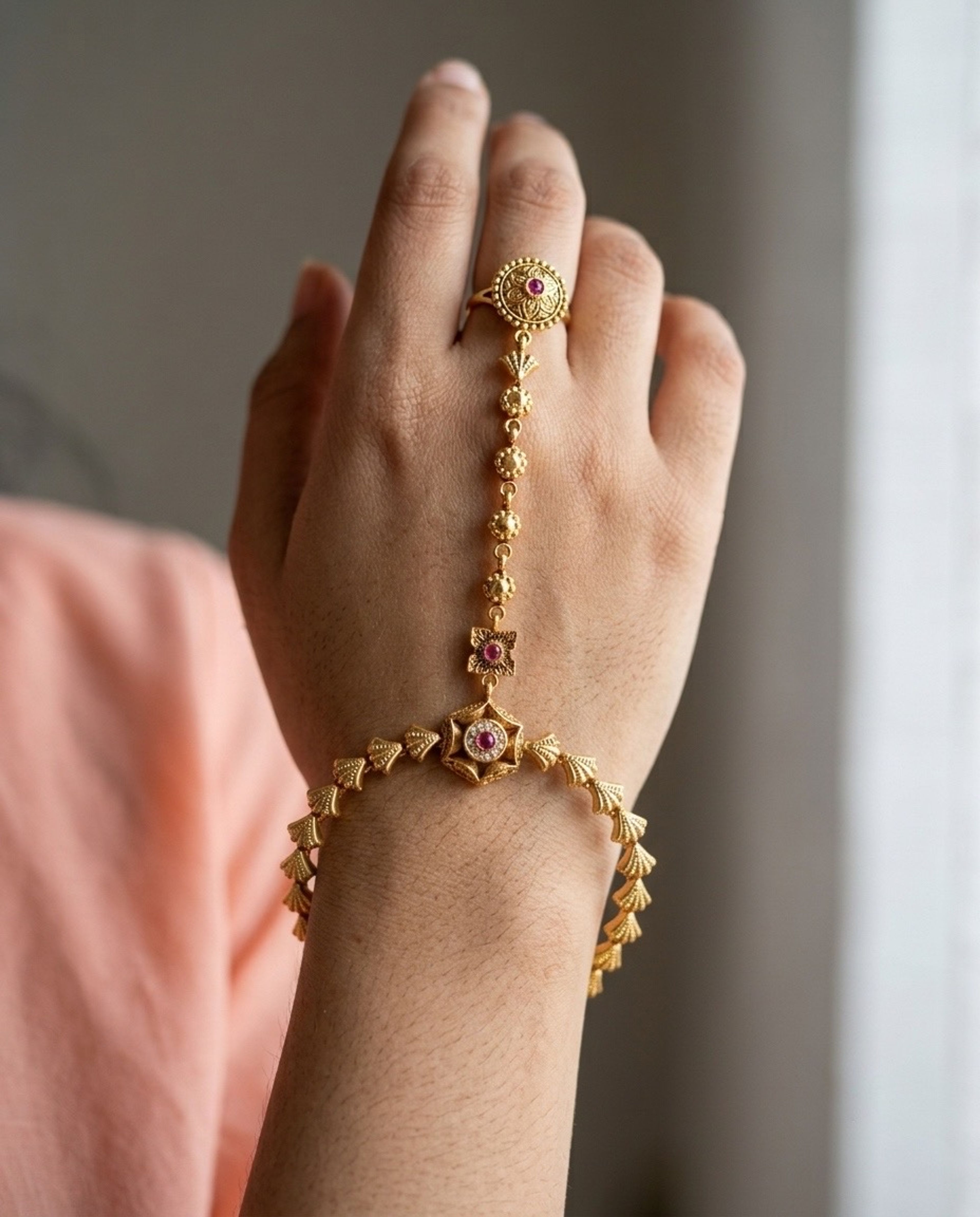 Matte Floral Pink Stone Ring Bracelet