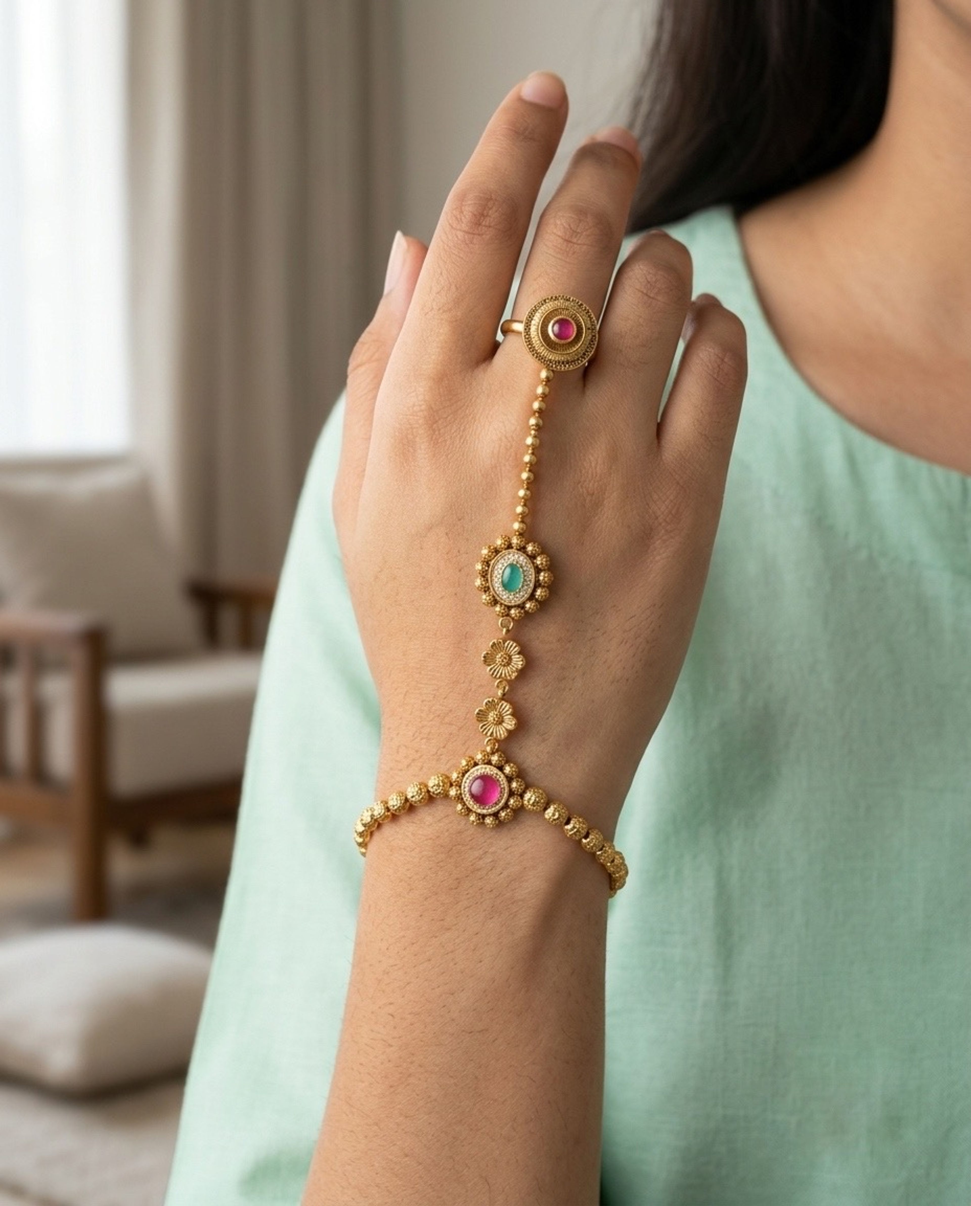 Floral Pink and Green Stone Ring Bracelet