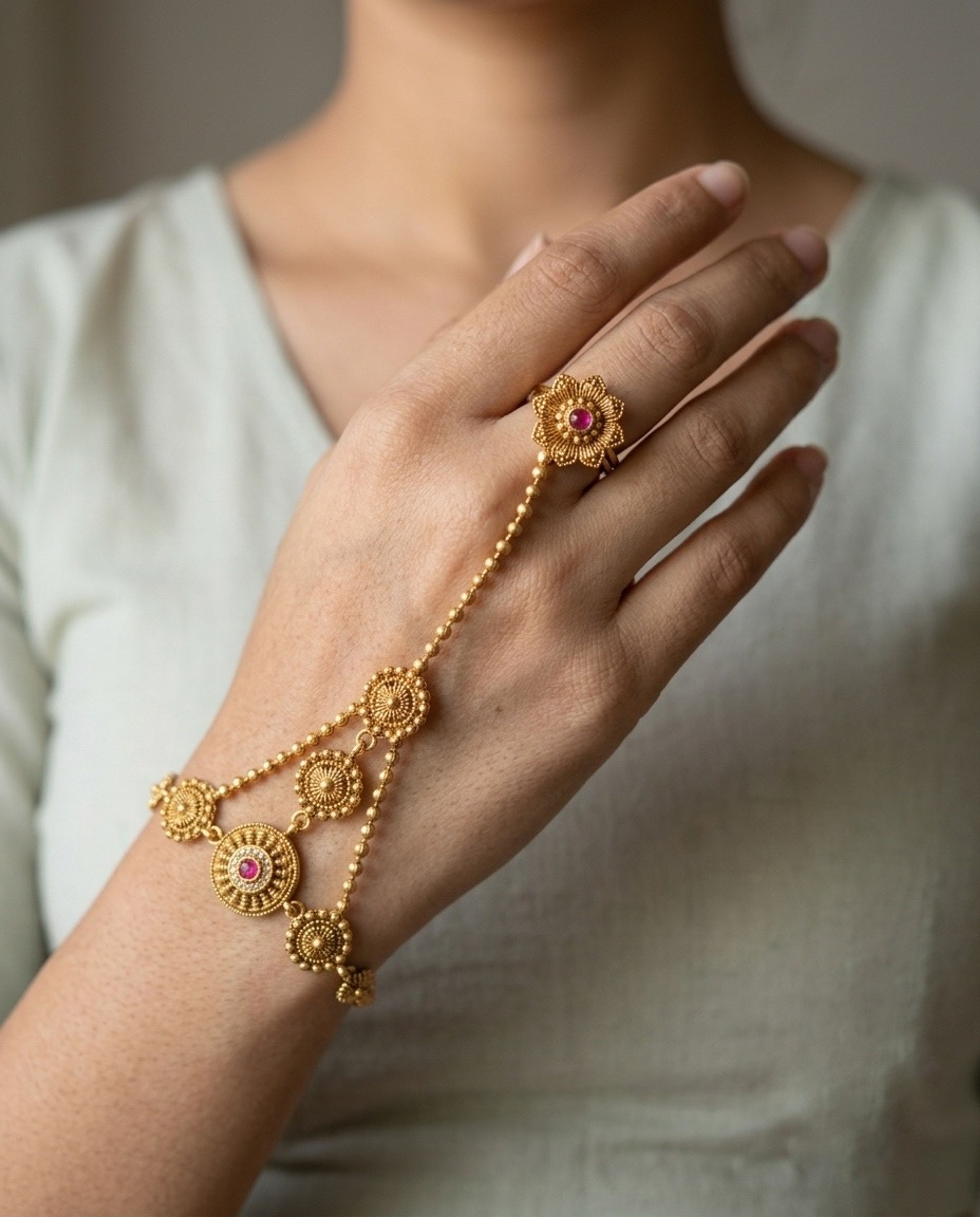 Antique Floral Pink Stone Ring Bracelet