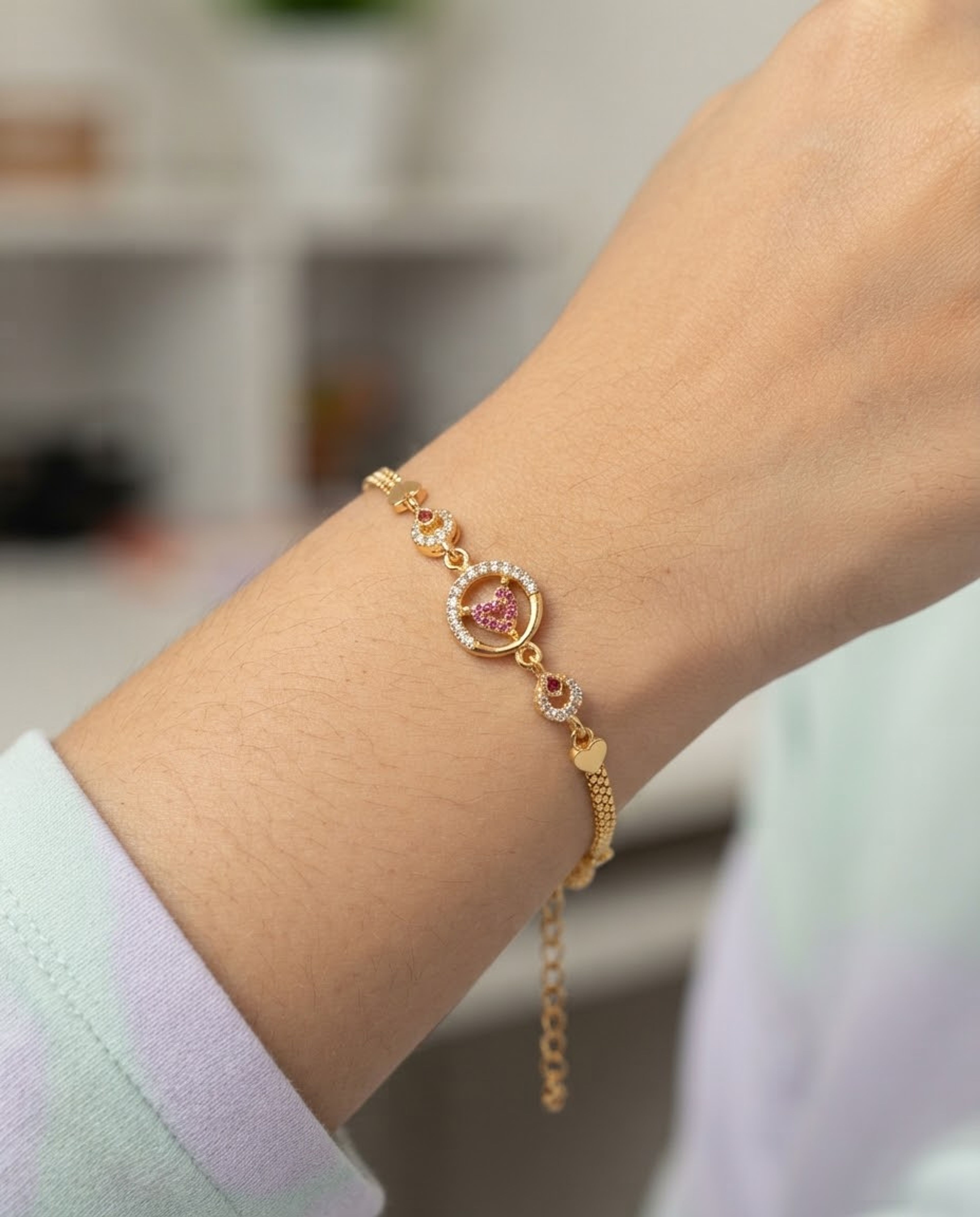 Pink Heart Circle AD Stone Gold-Tone Bracelet
