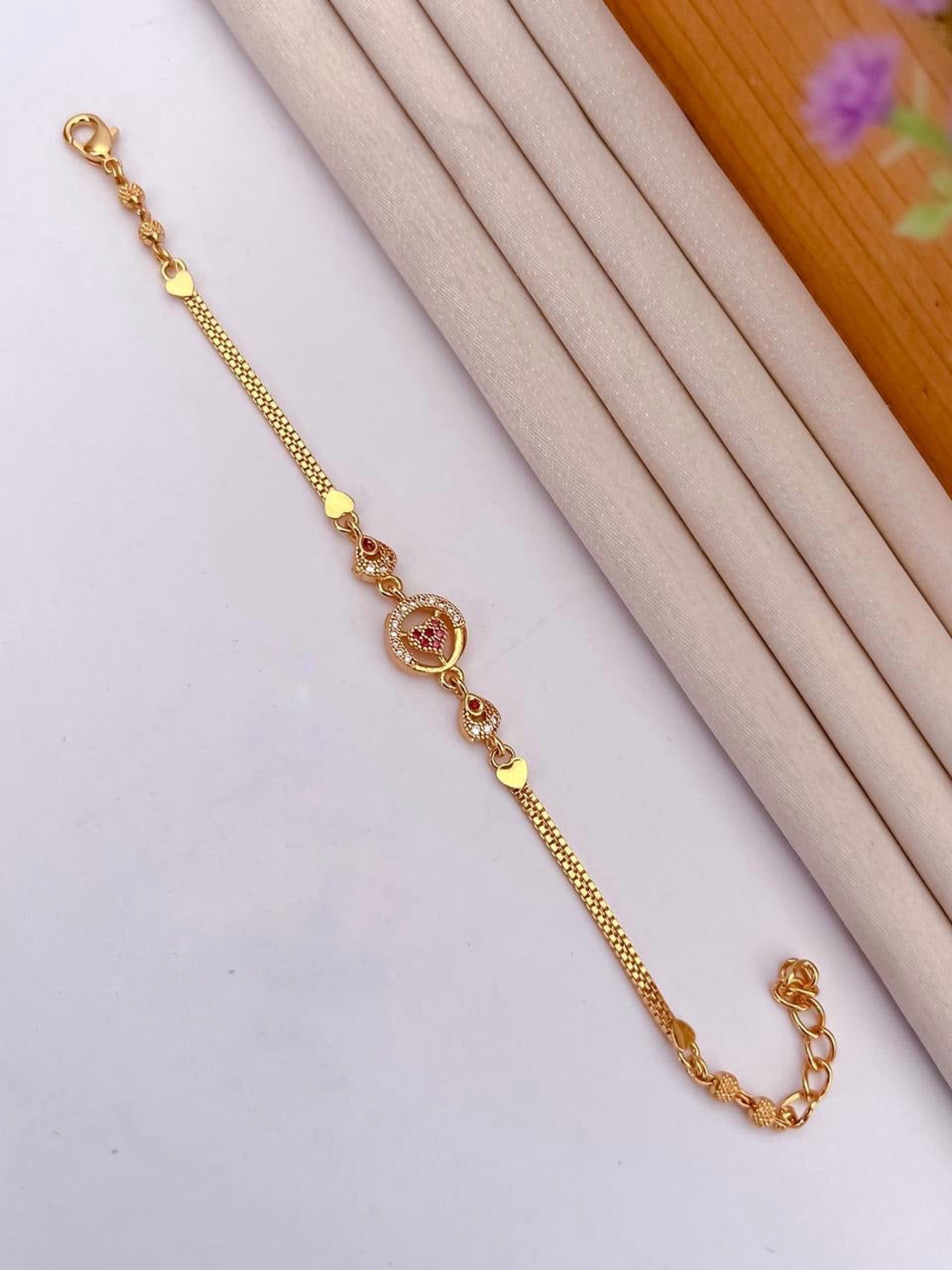 Pink Heart Circle AD Stone Gold-Tone Bracelet