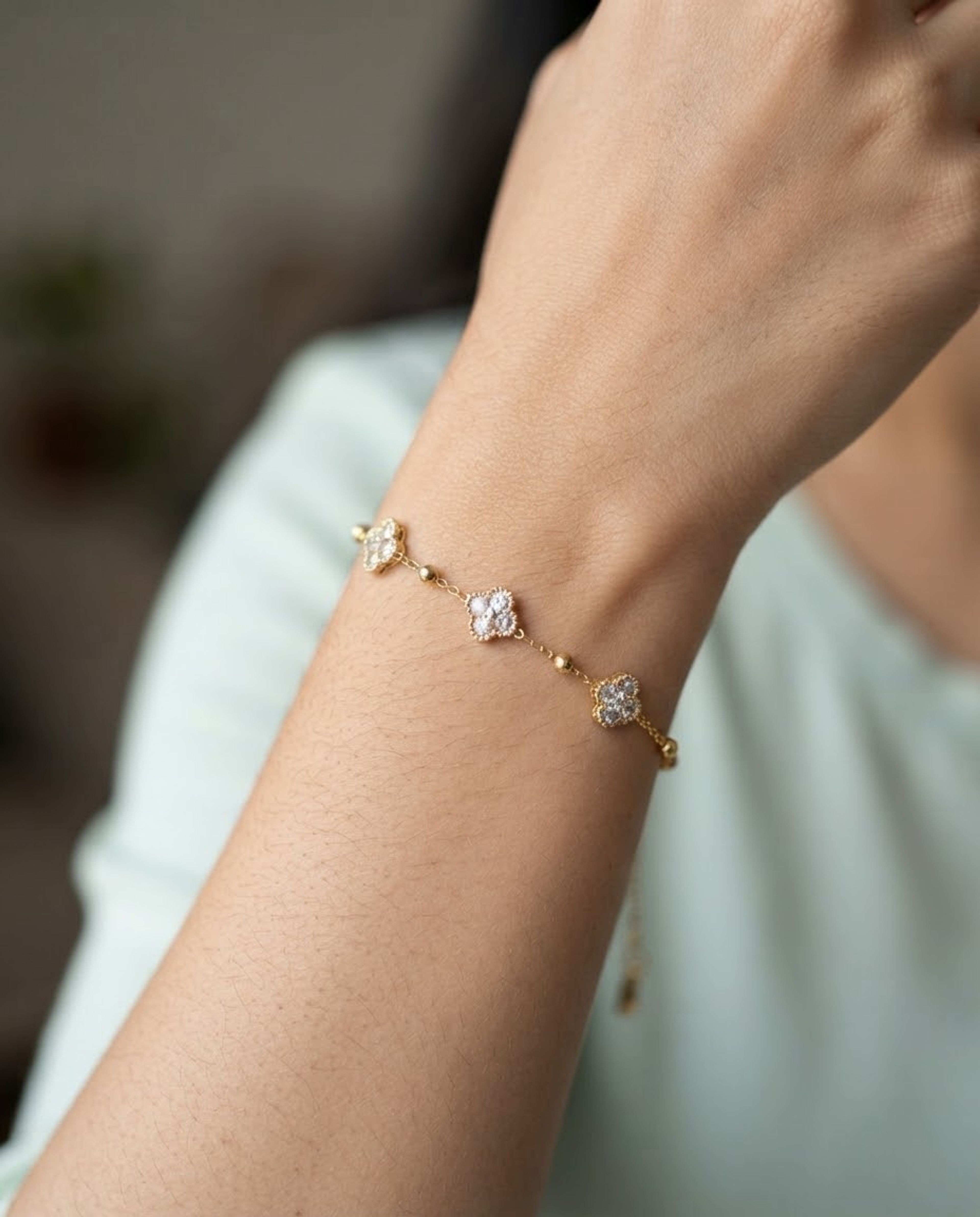 Triple Gem Flower Chain Bracelet Anti Tarnish