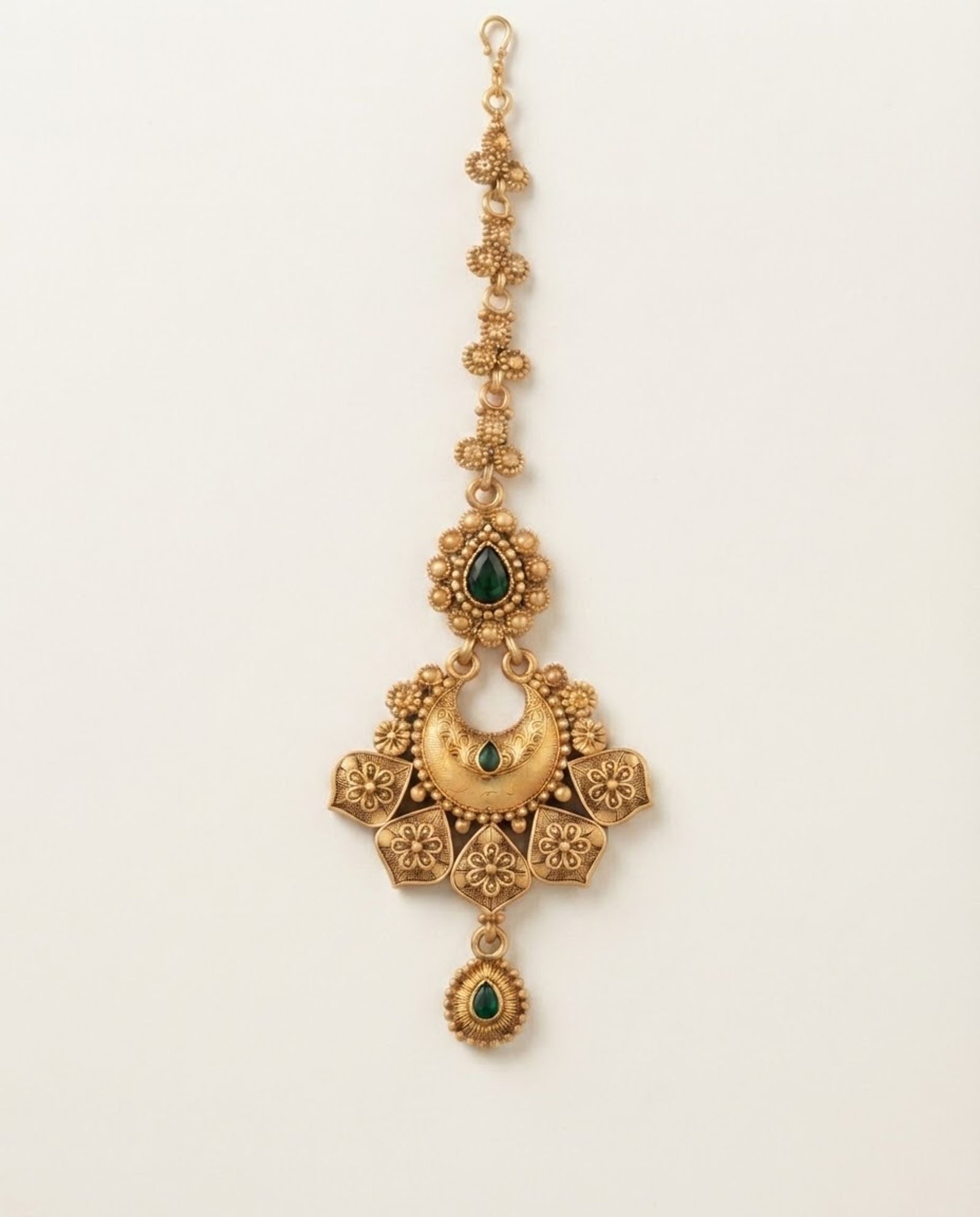 Antique Crescent Floral Green Stone Maang Tikka
