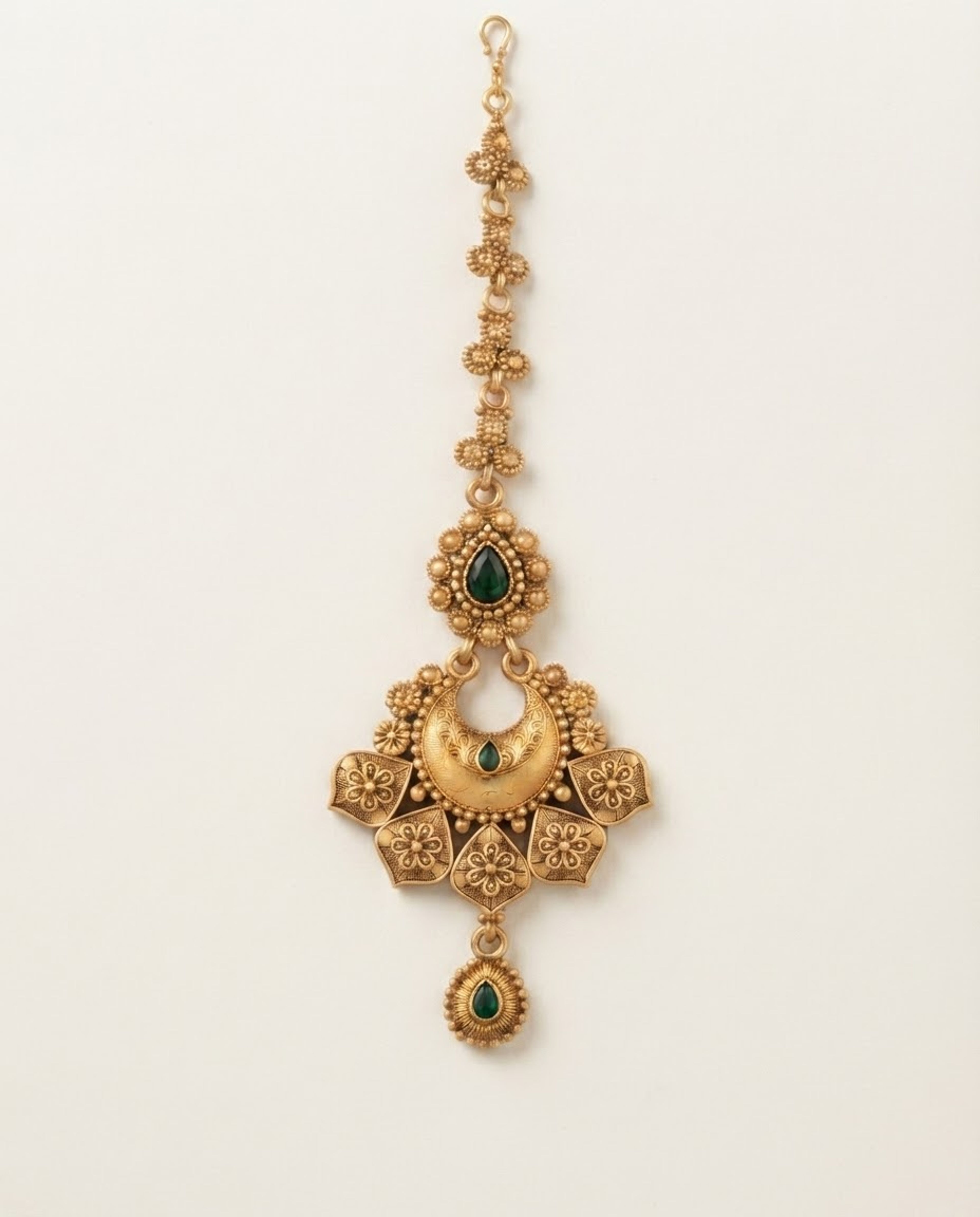 Antique Crescent Floral Green Stone Maang Tikka