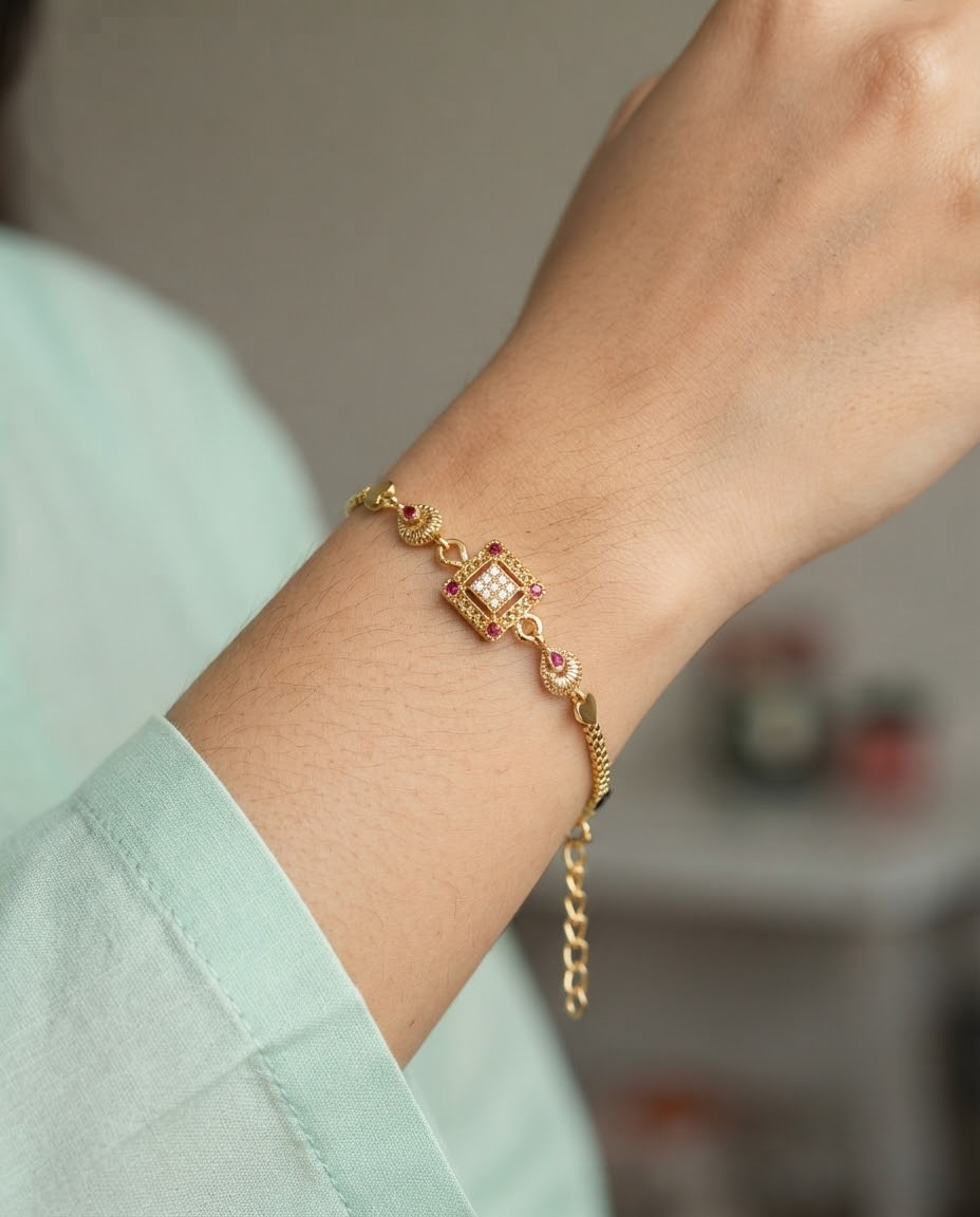 Square Motif AD Stone Gold-Tone Bracelet