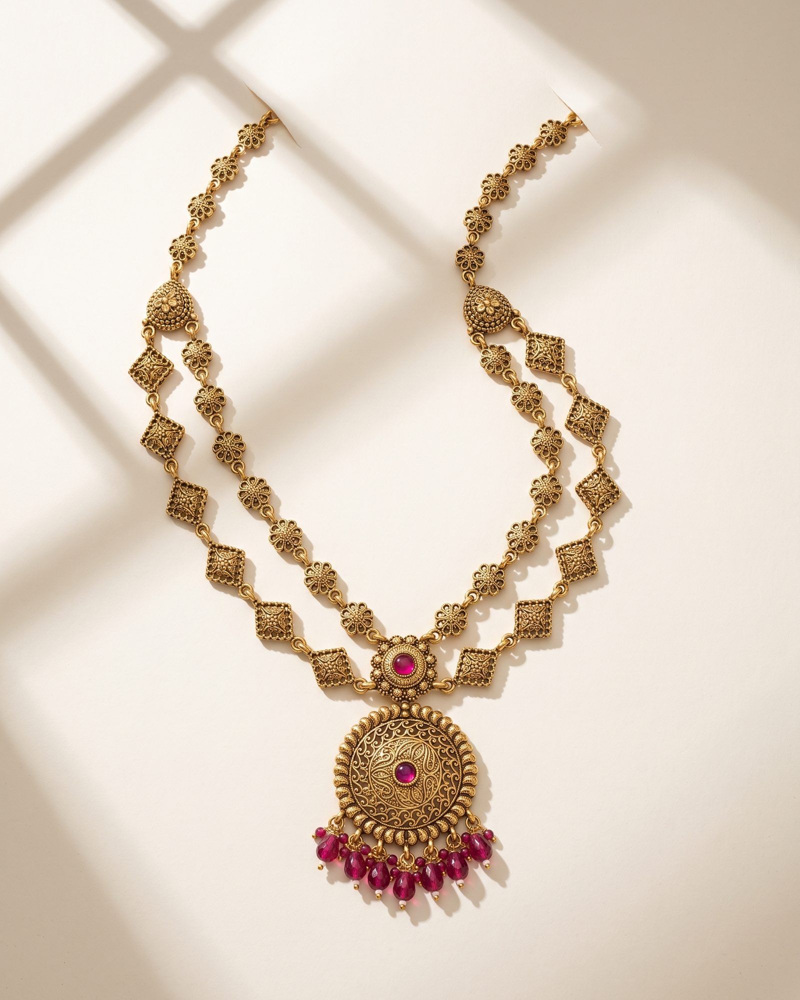 Antique Medallion Pendant Layered Necklace laid on white marble