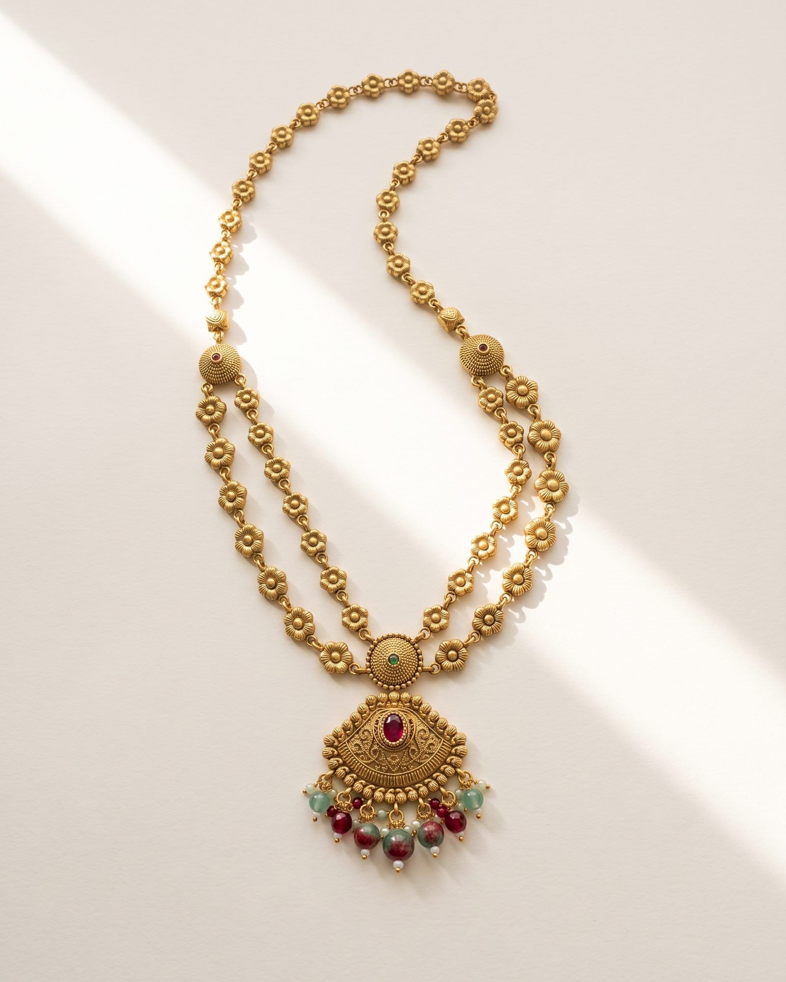 Antique Floral Double Layer Long Necklace laid on white marble