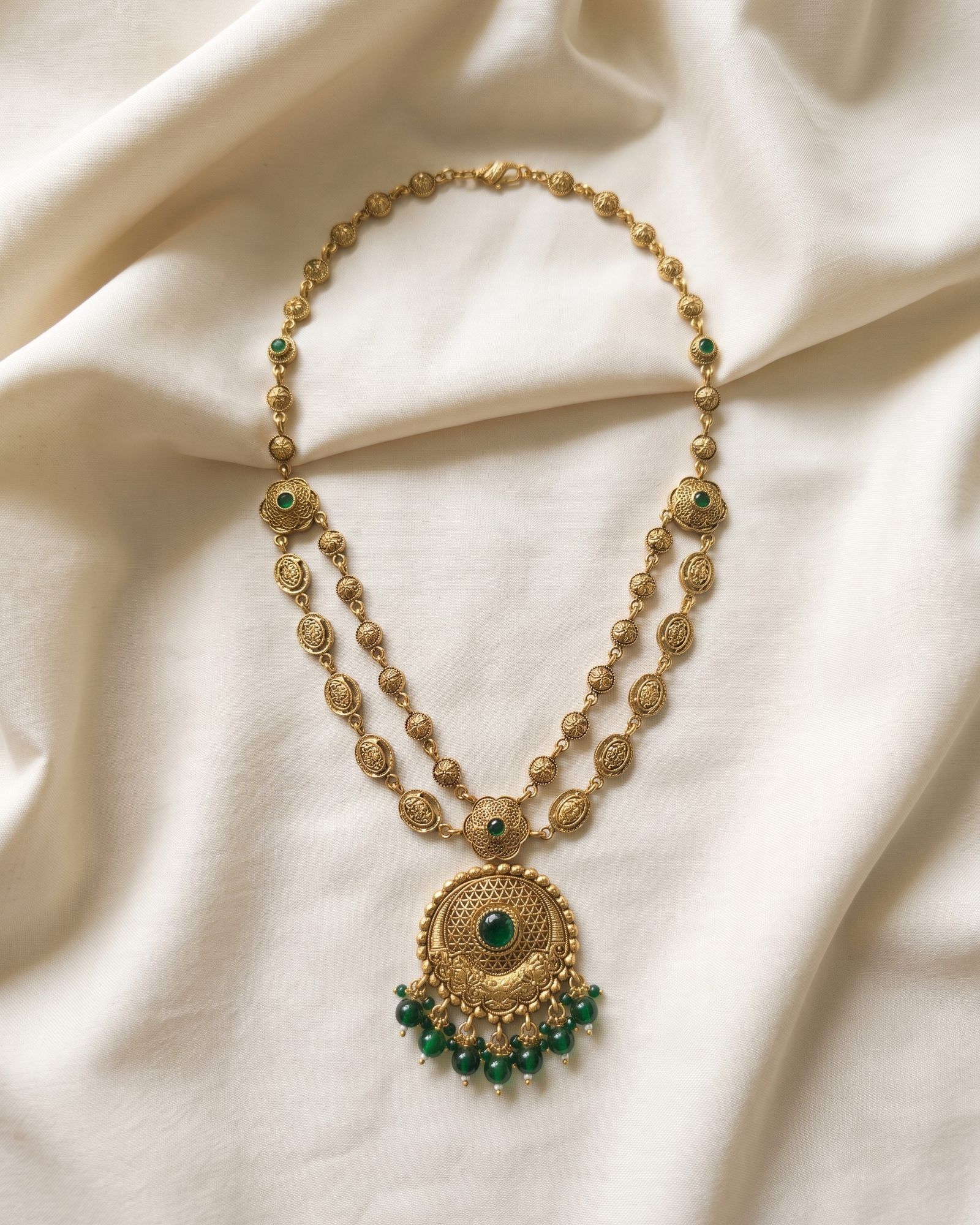 Antique Green Stone Layered Necklace laid on white marble