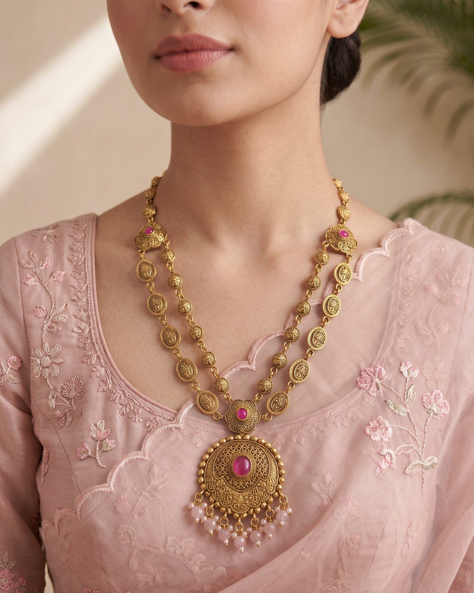 Antique Pink Stone Layered Necklace worn