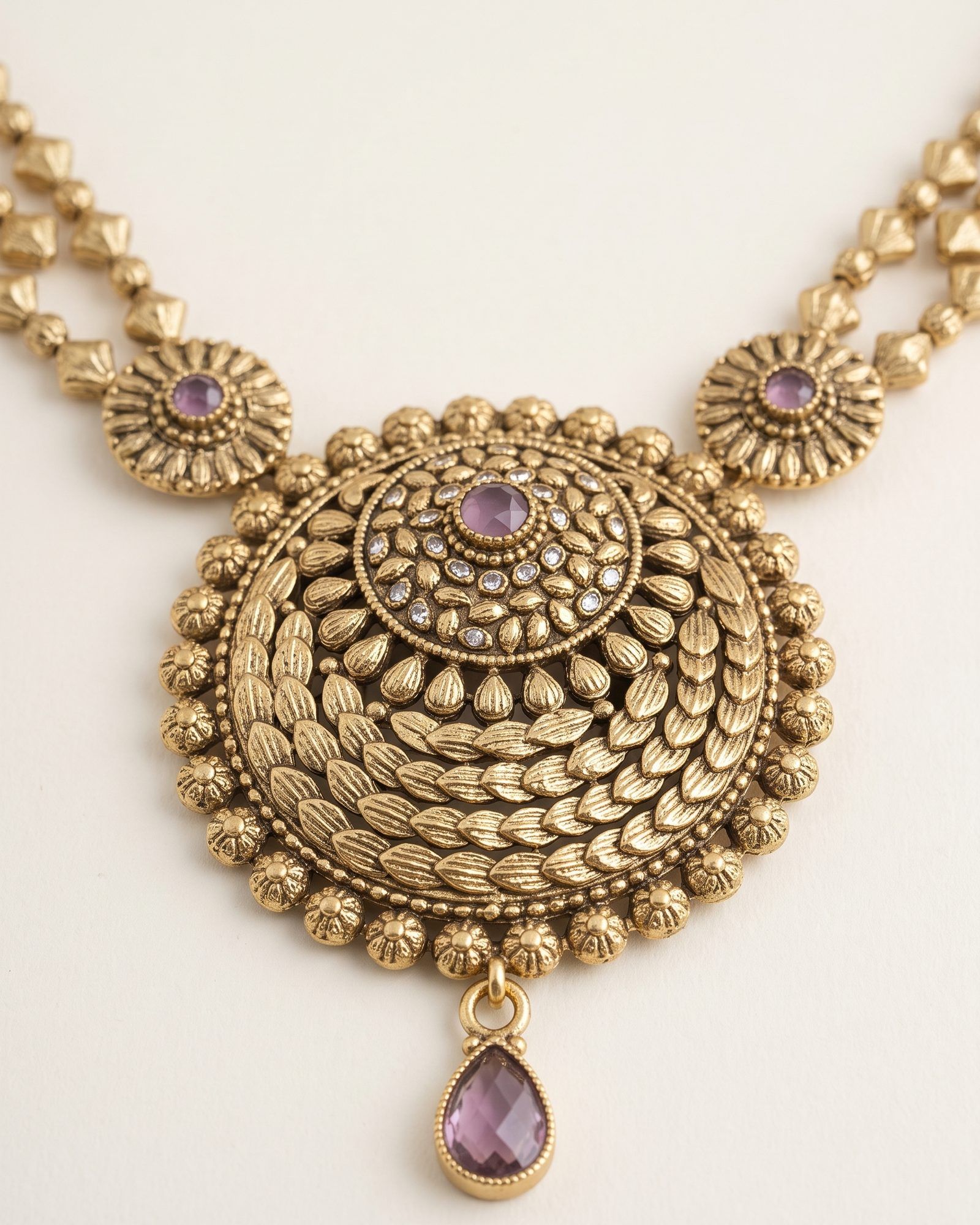 Antique Three Strand Medallion Layered Necklace, close-up of the detail