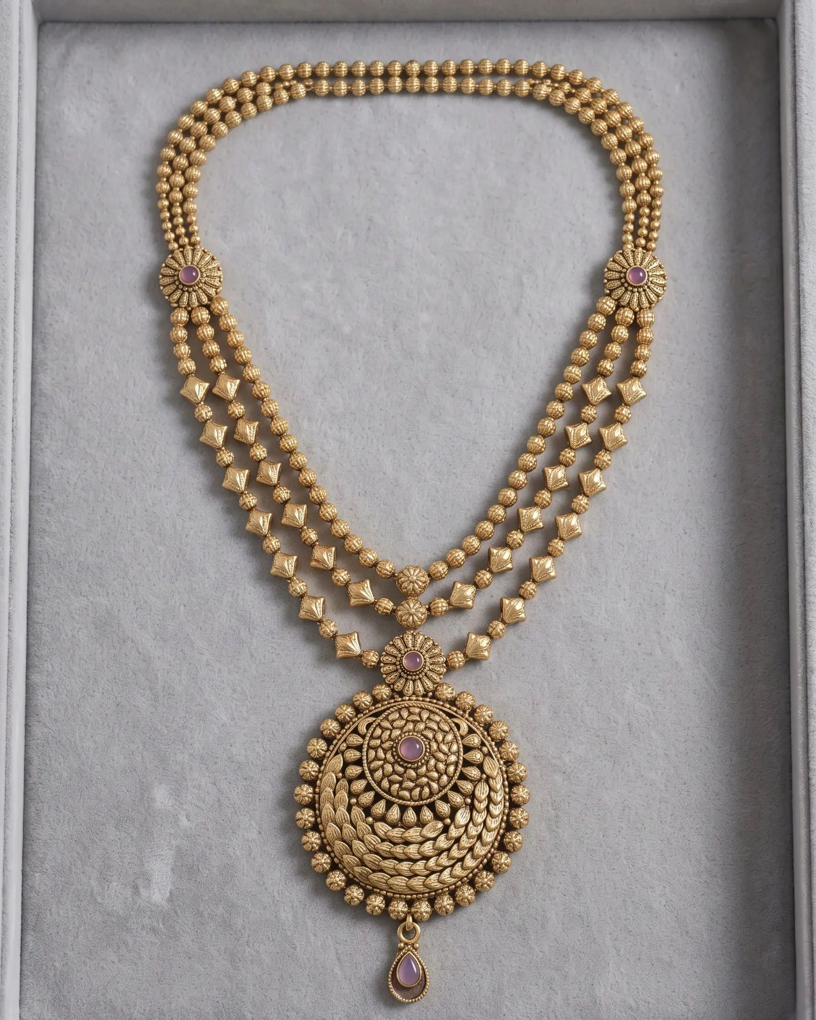 Antique Three Strand Medallion Layered Necklace laid on white marble