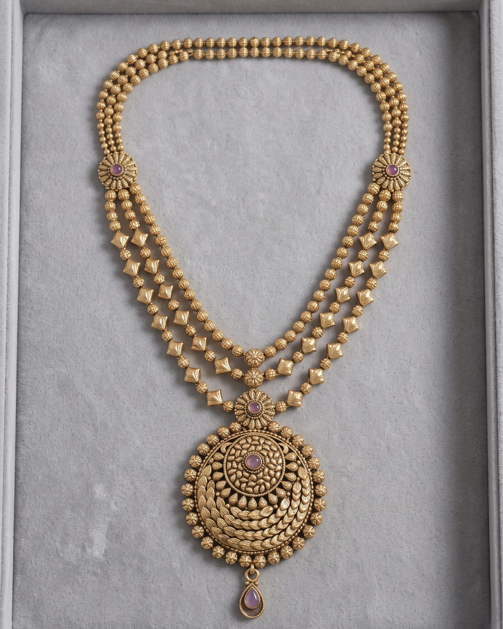 Antique Three Strand Medallion Layered Necklace laid on white marble