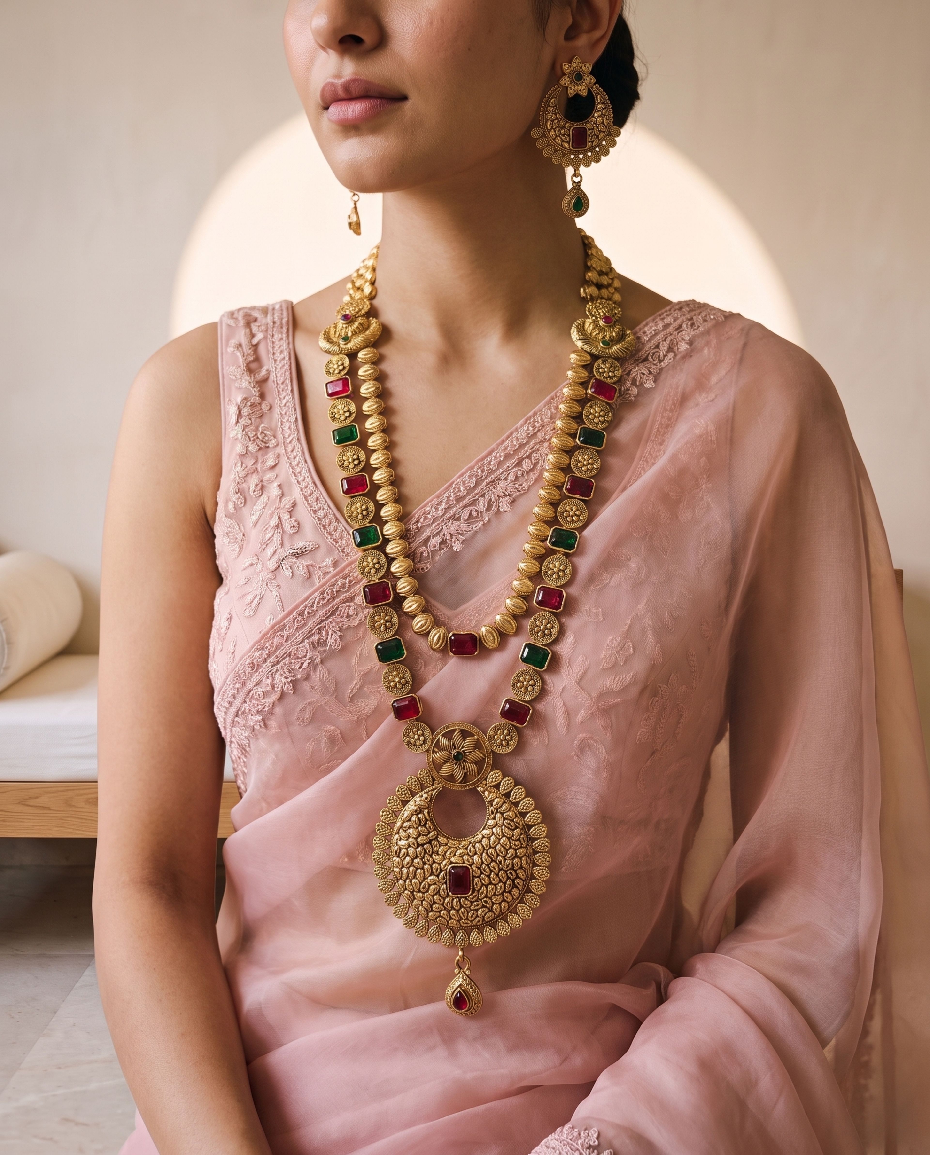 Antique Layer Chain with Earrings worn