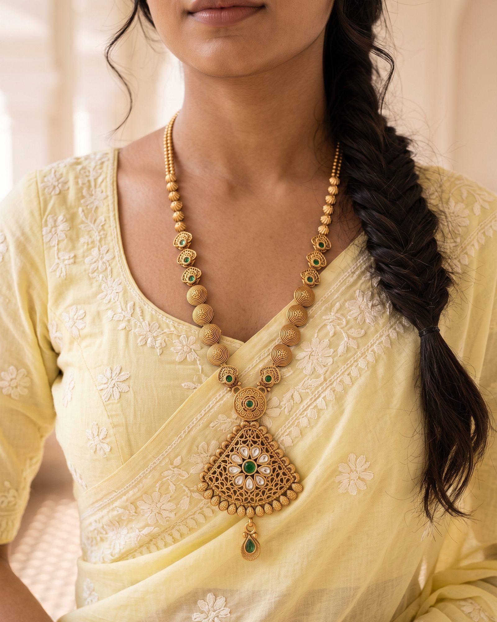 Antique Triangular Floral Long Necklace worn