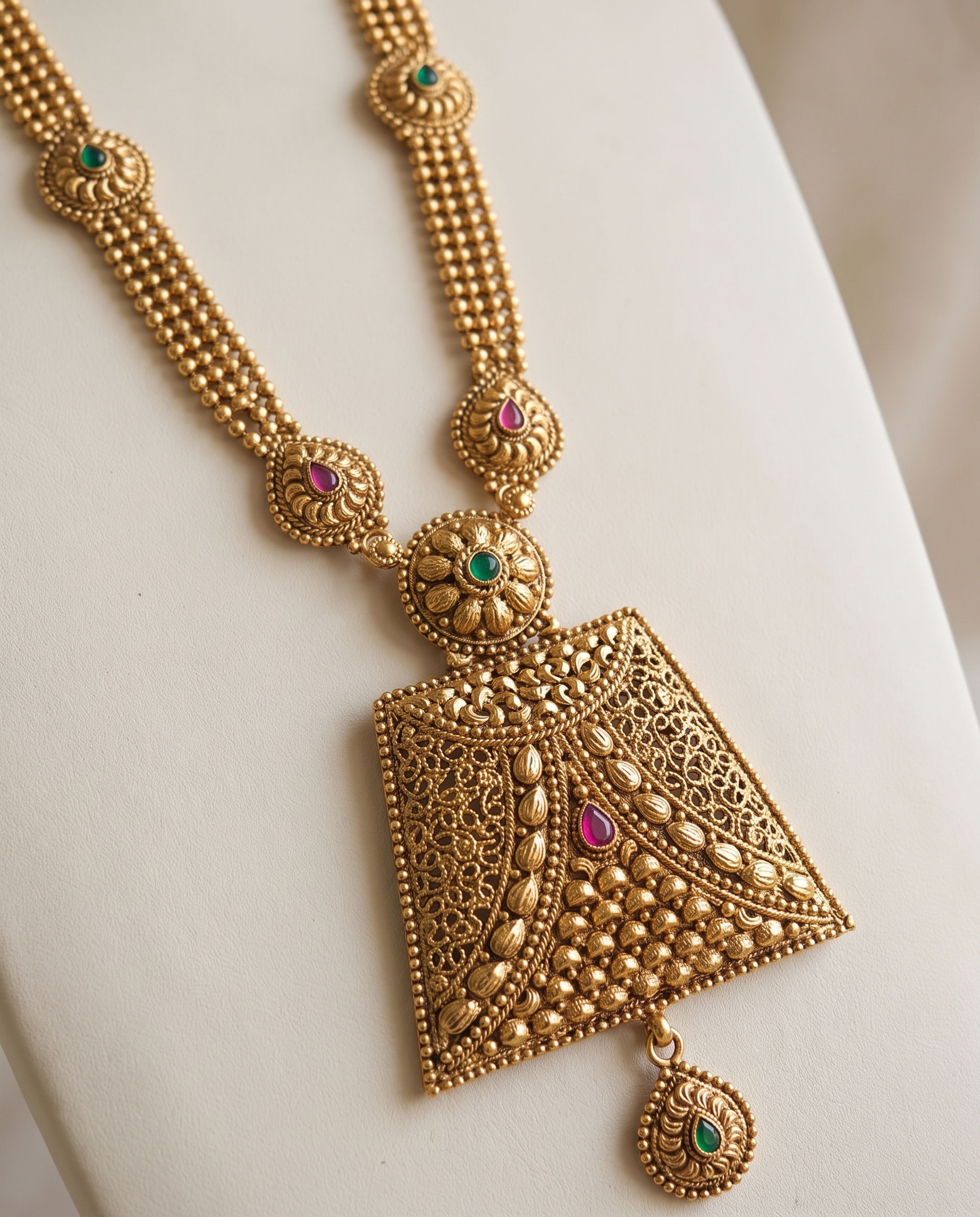 Antique Double-Strand Long Chain with Green Temple Pendant, close-up of the detail