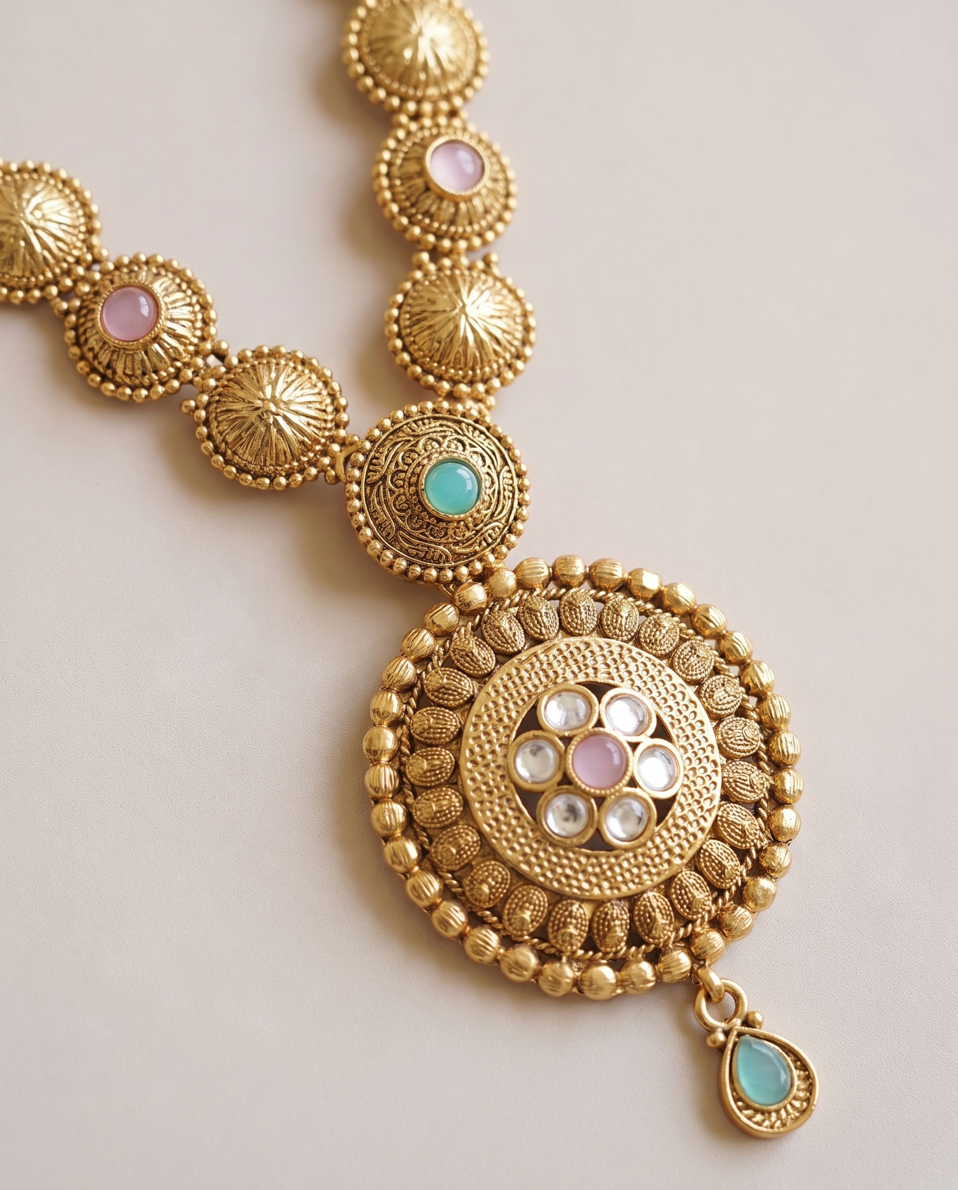 Antique Long Chain with Pink and Aqua Pendant, close-up of the detail