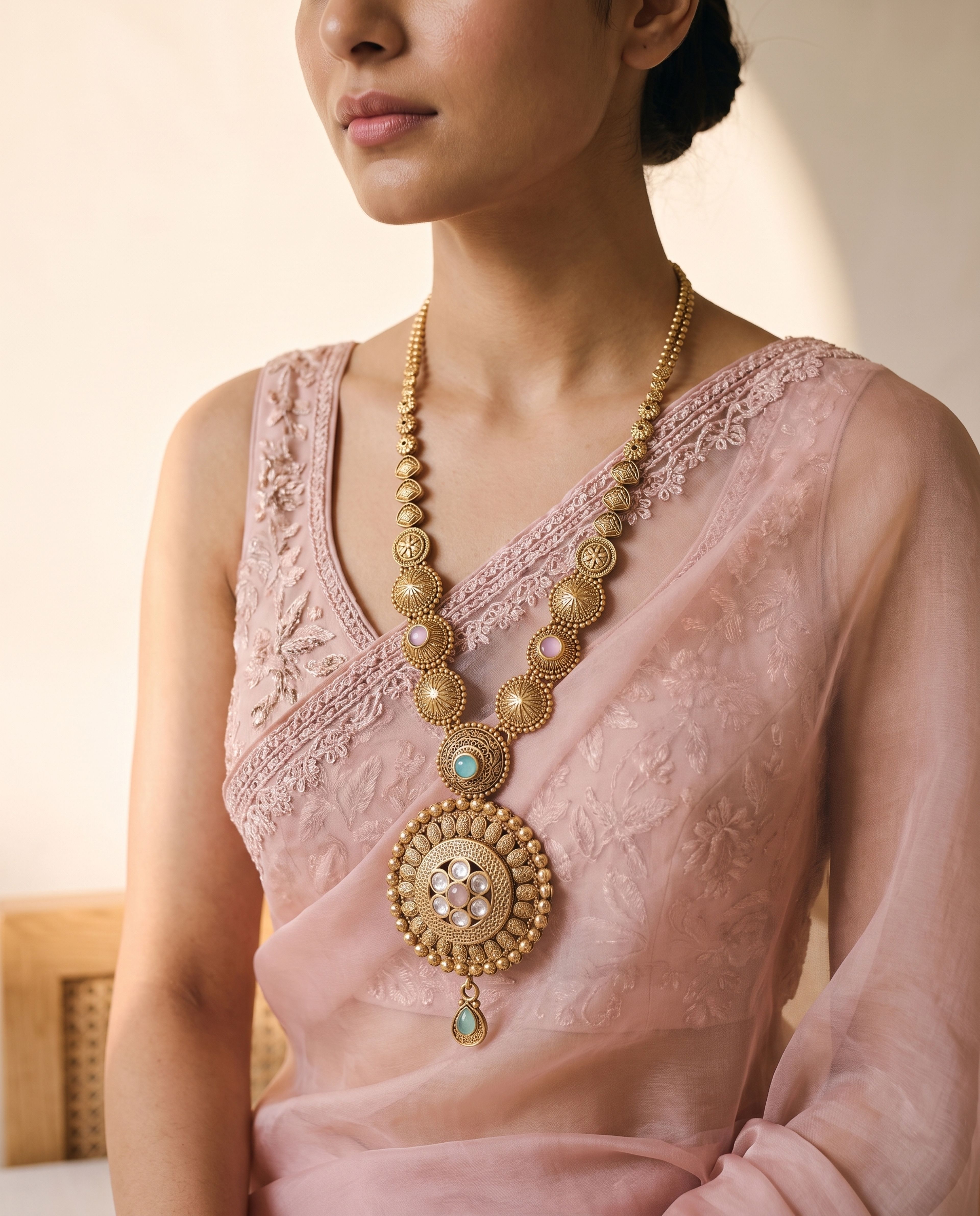 Antique Long Chain with Pink and Aqua Pendant worn