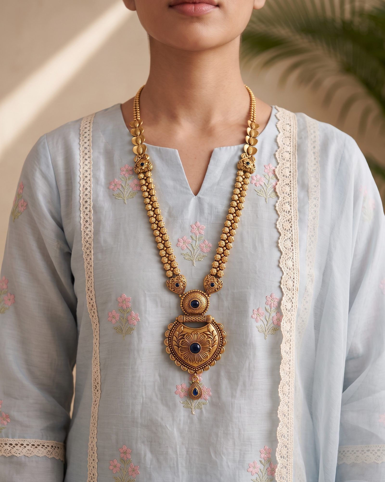 Antique Blue Stone Floral Long Necklace with Earrings worn