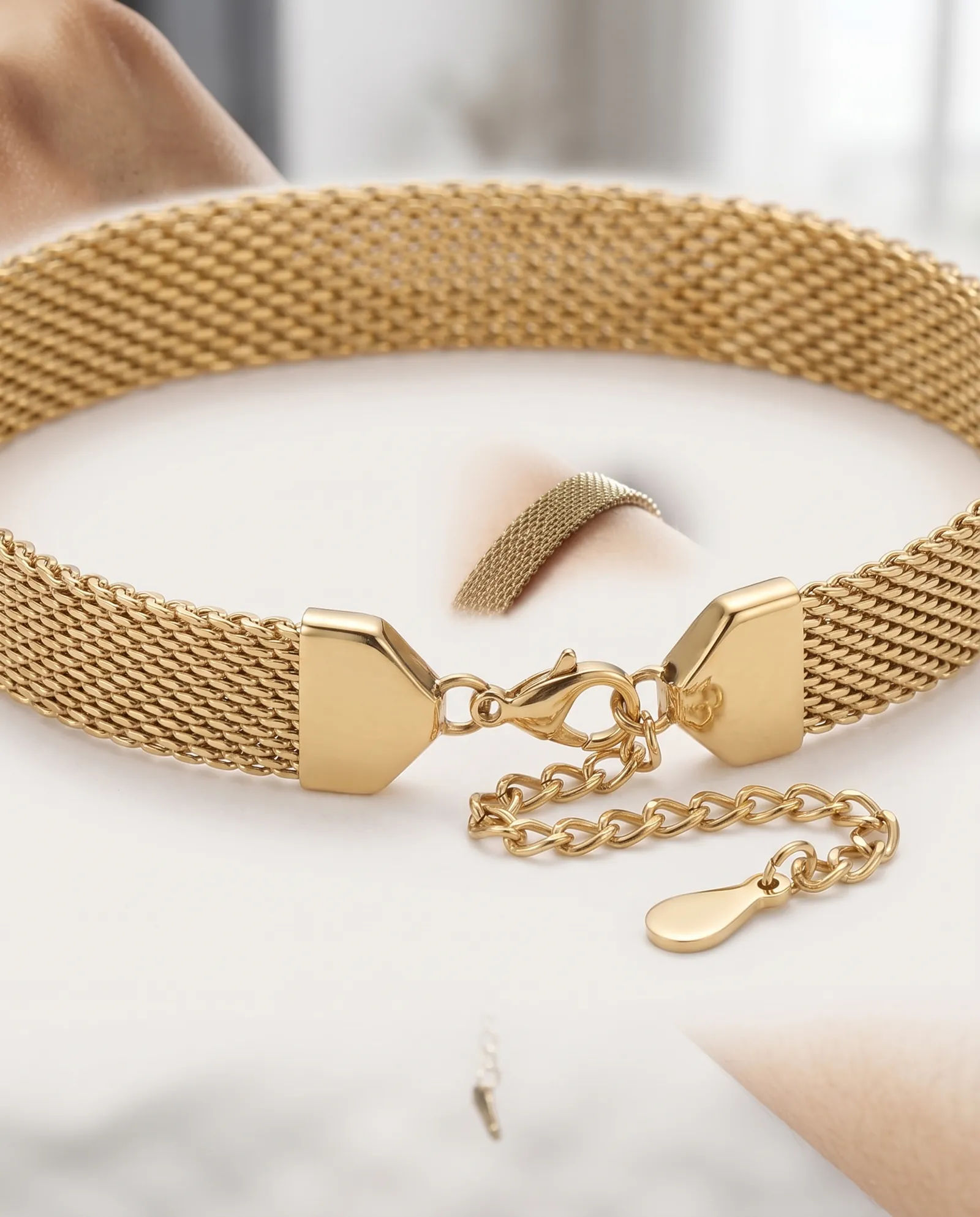 Gold-Tone Stainless Steel Mesh Bracelet, close-up of the detail