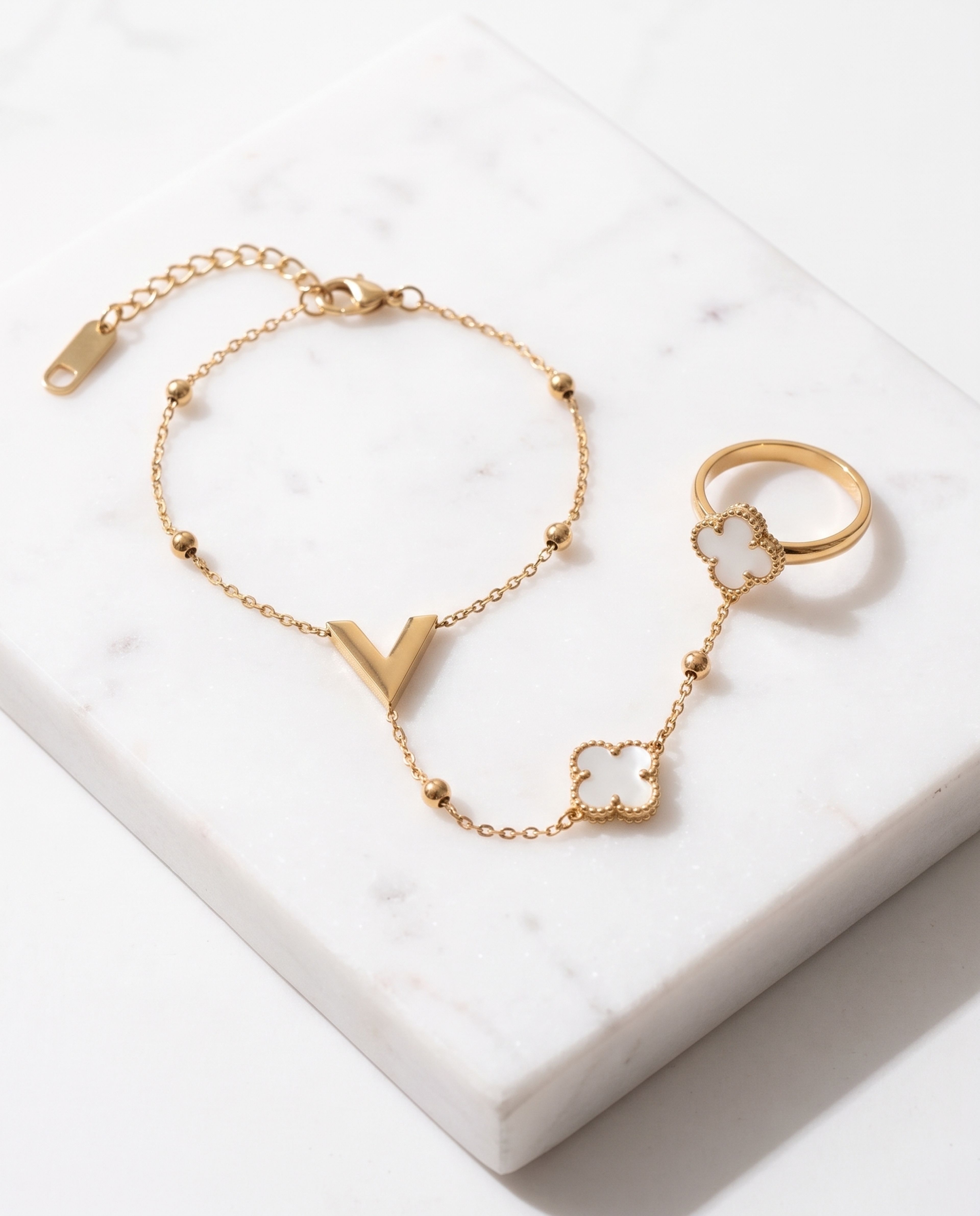 Ring Bracelet Anti Tarnish laid on white marble