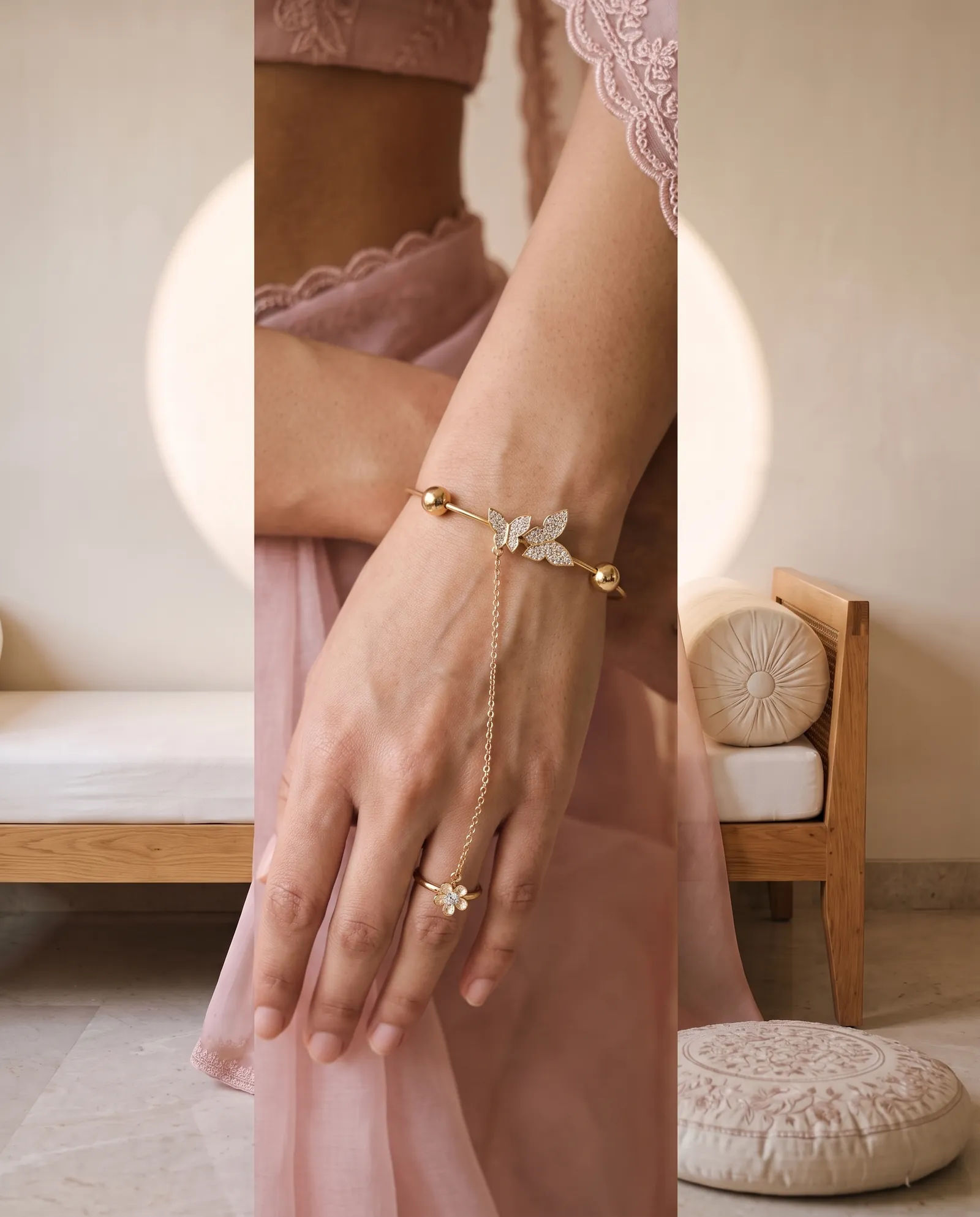 Anti-Tarnish Crystal Motif Hand Harness Bracelet worn