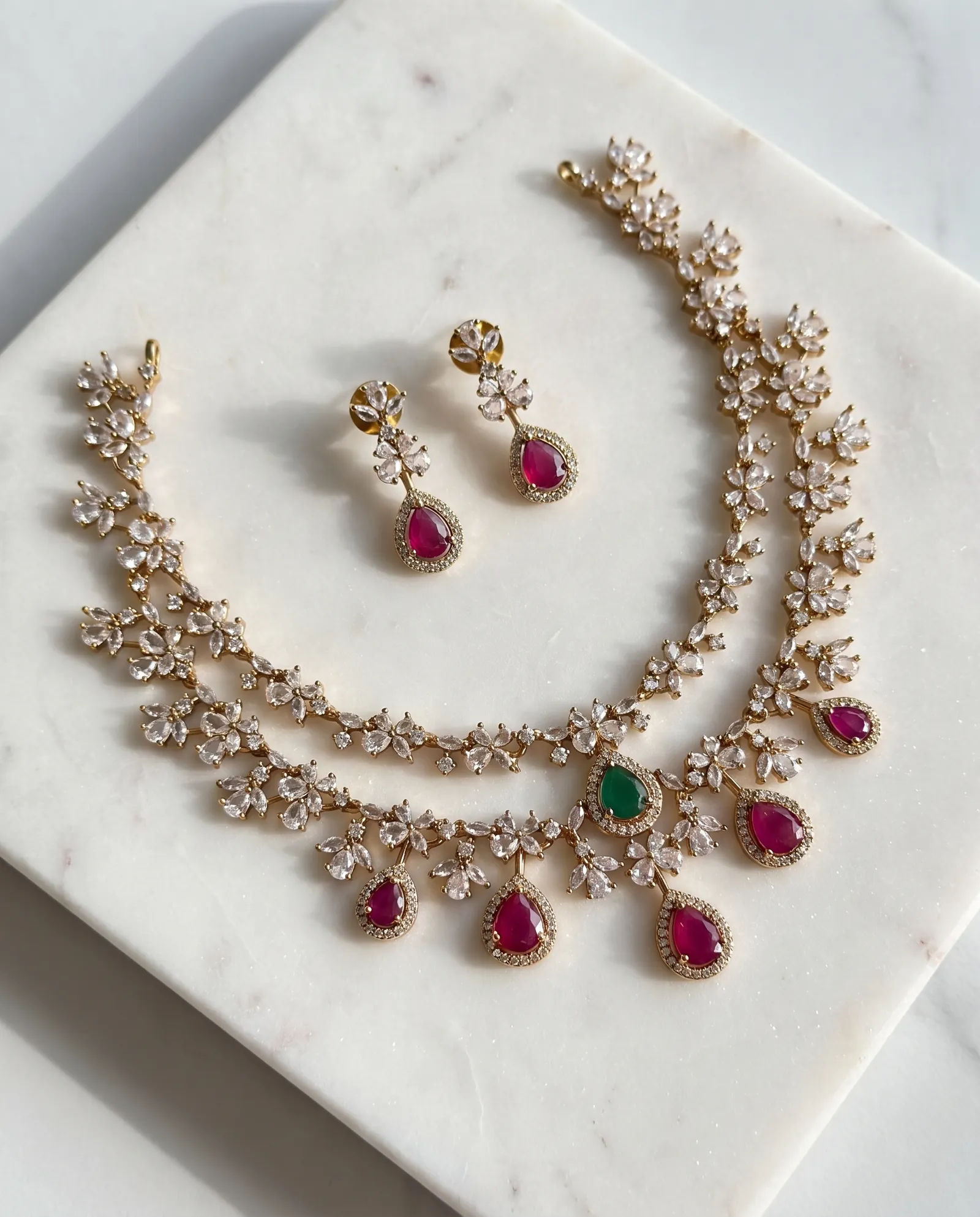 Ruby Green Floral Necklace Set laid on white marble