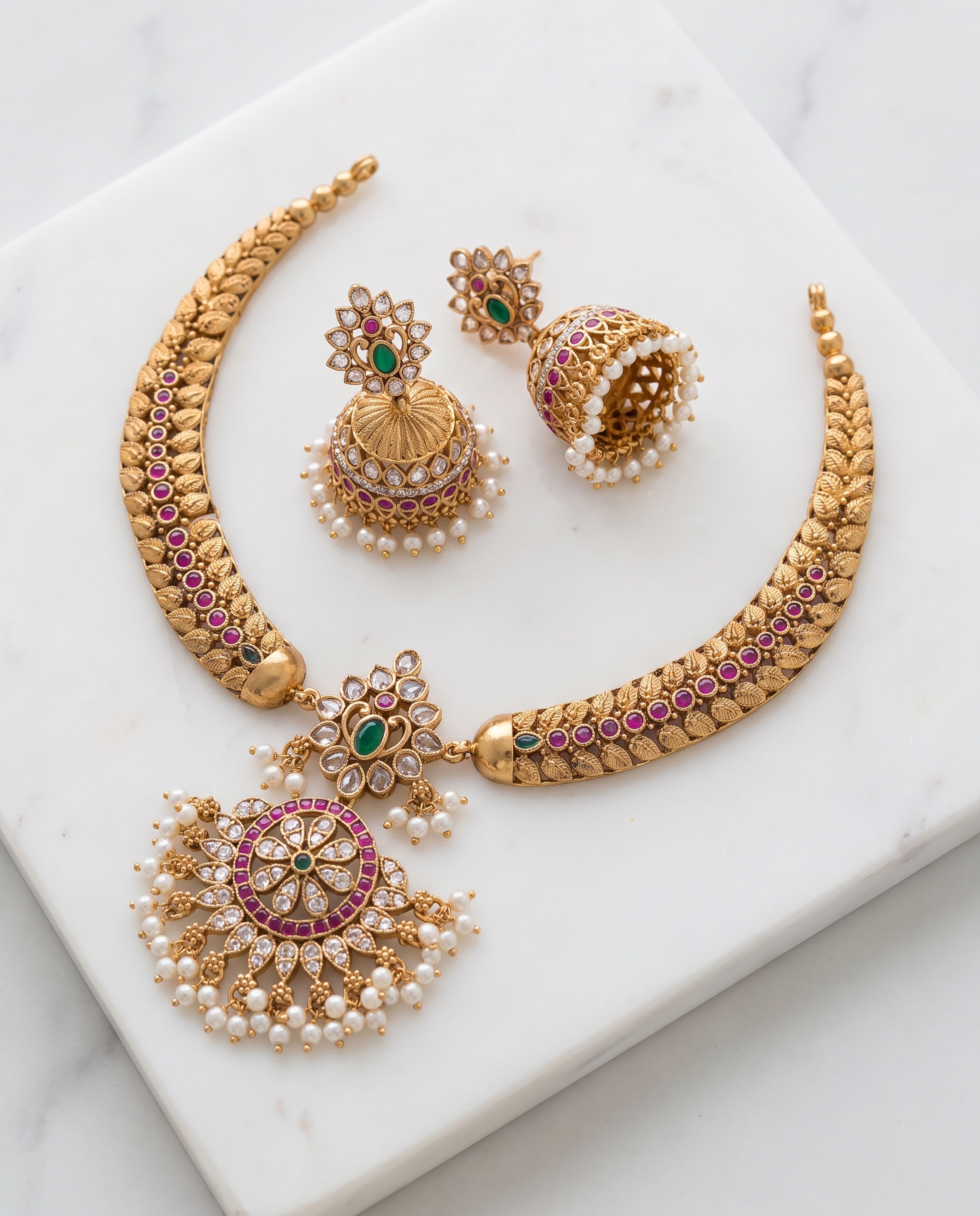 Tara Jhumka Set laid on white marble