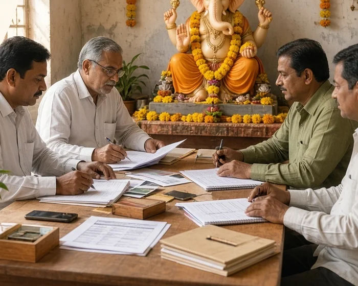 A mandal committee going through the accounts at a table, with the Ganpati behind them
