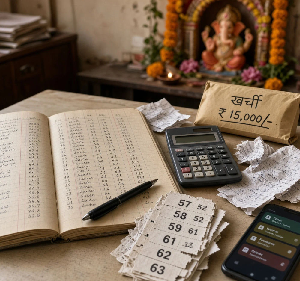 An open account book, loose pavati slips, a calculator and a cash envelope marked खर्ची ₹15,000