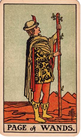 Scan of a tarot card with the words 'Page of Wands' written across the bottom. Above it a man dressed in yellows and reds stands upright, holding a branch as tall as himself with both hands.